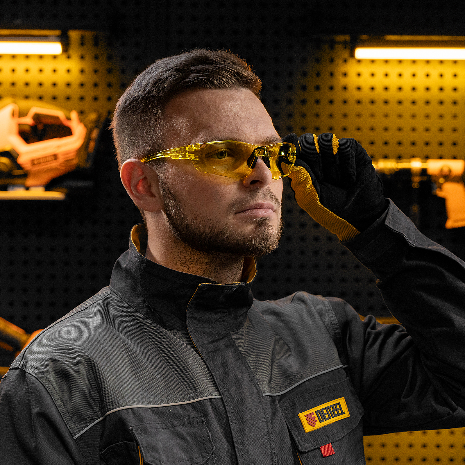 Очки защитные открытые, поликарбонатные, желтая линза Denzel