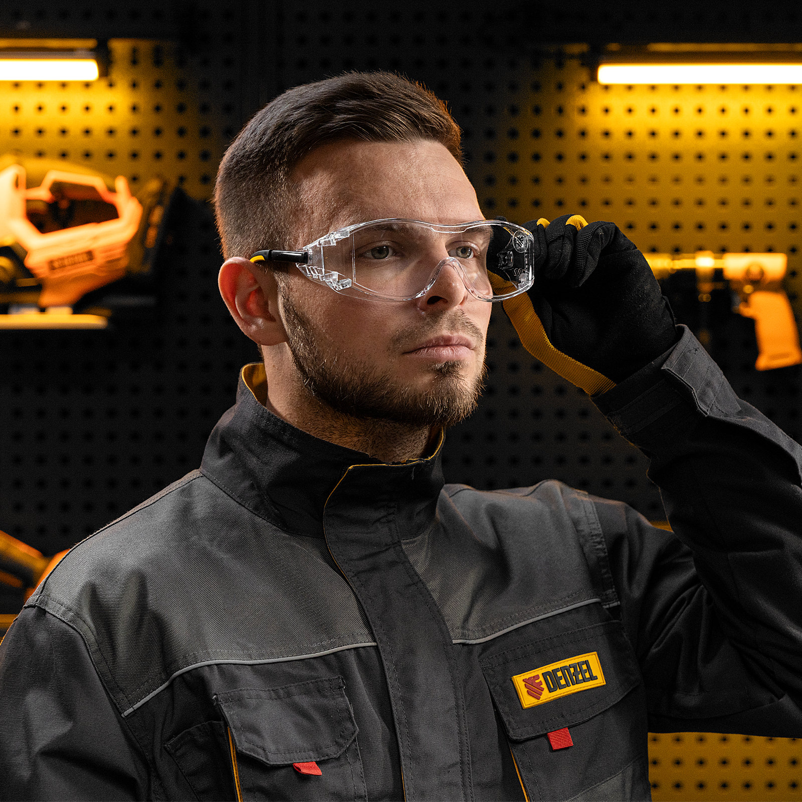 Очки защитные открытые, поликарбонатные, увеличенная прозрачная линза,  регулируемые дужки Denzel