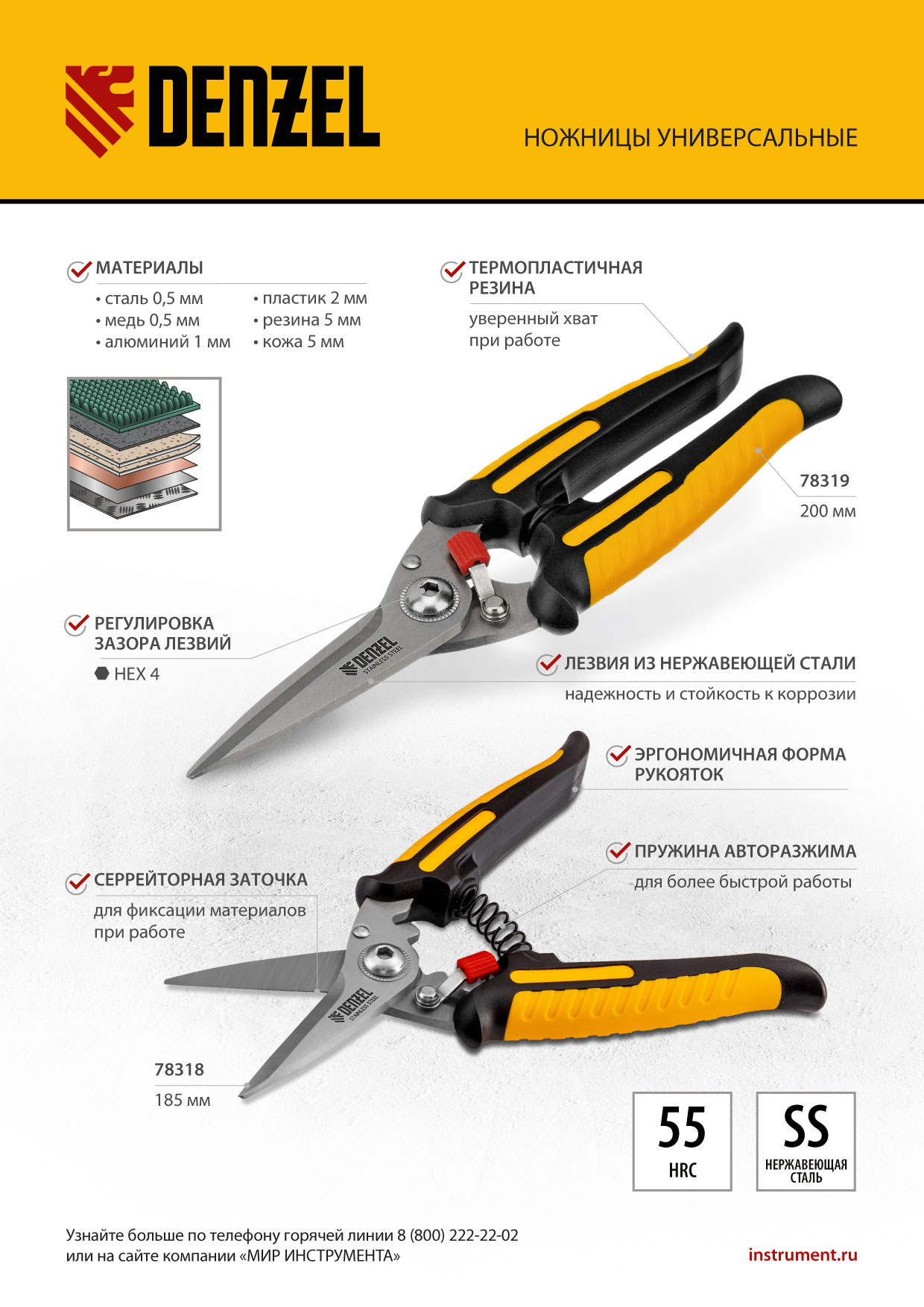 Ножницы универсальные, 185 мм, нержавеющая сталь Denzel