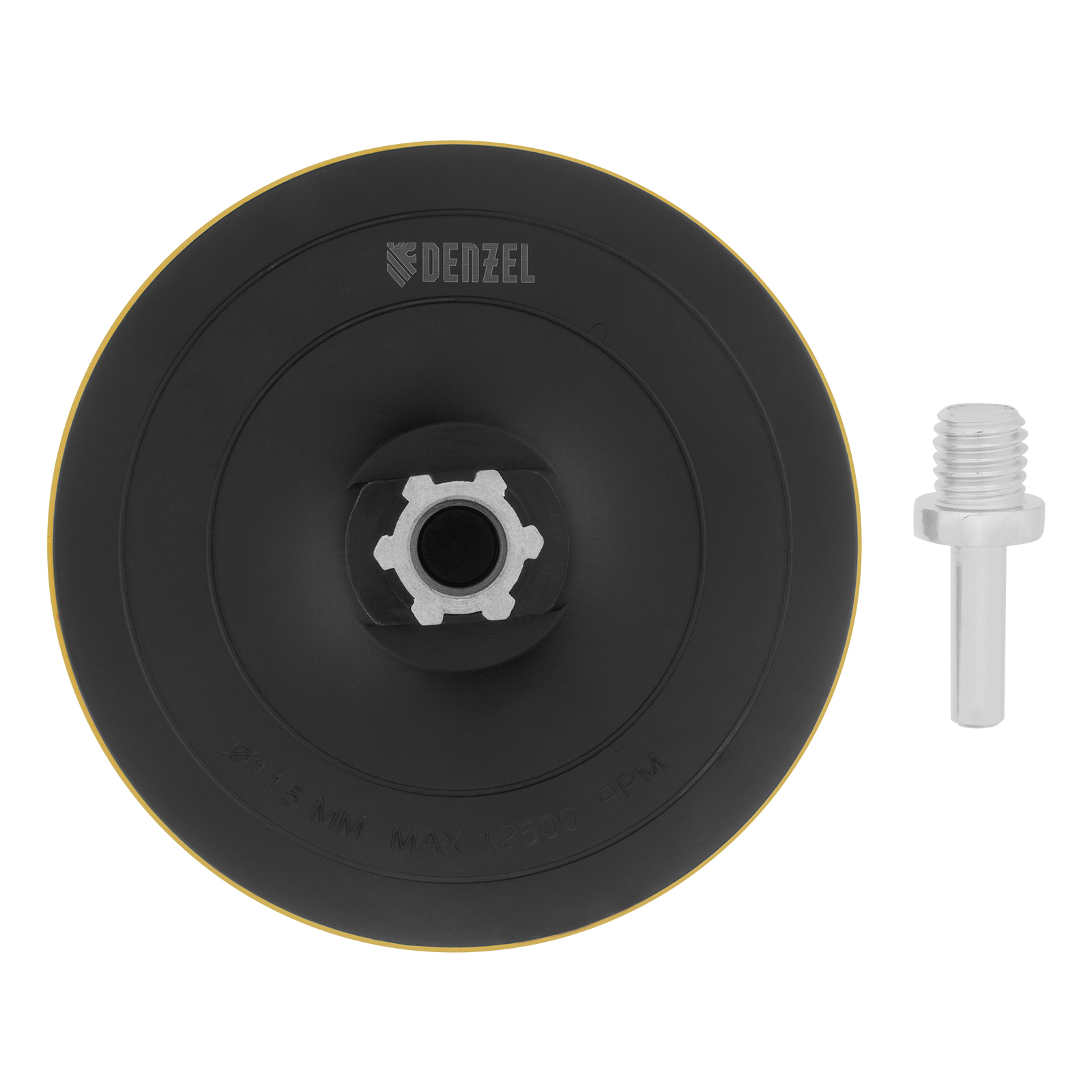 Тарелка опорная для дрели и УШМ с липучкой, 115 мм, твердая, с адаптером c М14 на d8 Denzel