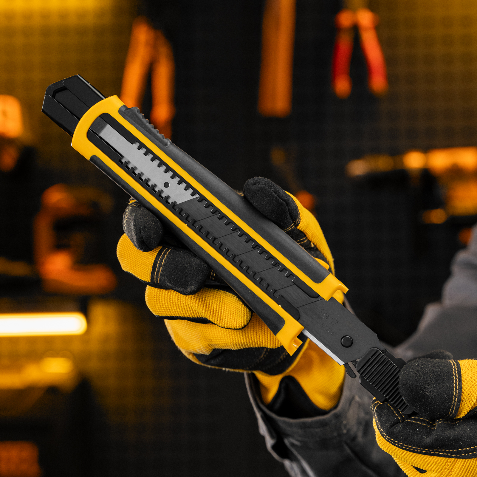 Нож, 25 мм, сменное лезвие, SK4, корпус из ABS + TPR, торцевой зажим Denzel