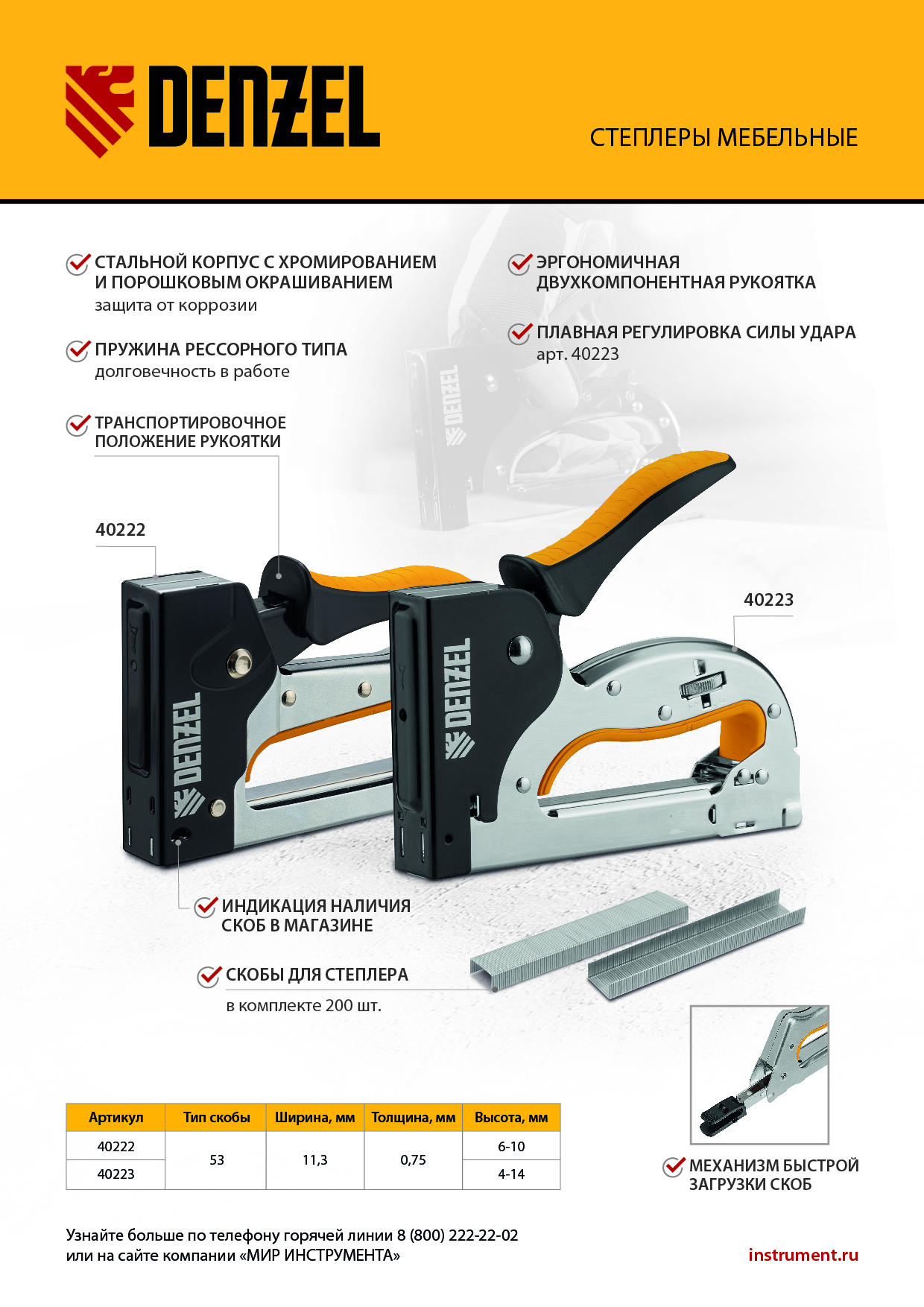 Степлер металл., скобы в комплекте, плавная регулировка удара, 2К рукоятка, тип 53, 4-14 мм Denzel