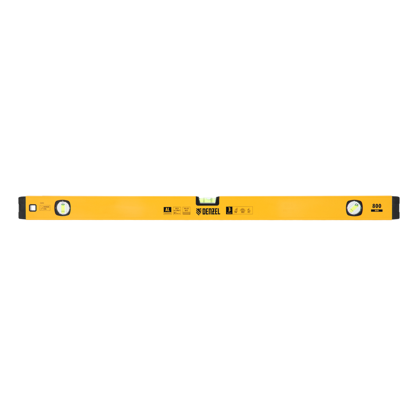 Уровень алюминиевый, магнит, фрезерованный, 3 глазка (1 зеркал.) 0,5 мм/м, 800 мм Denzel