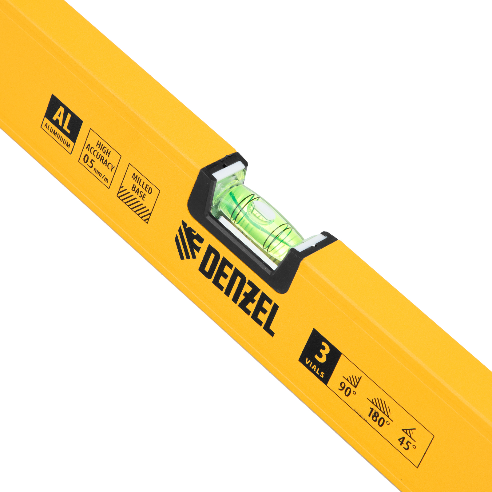 Уровень алюминиевый, магнит, фрезерованный, 3 глазка (1 зеркал.) 0,5 мм/м, 1000 мм Denzel