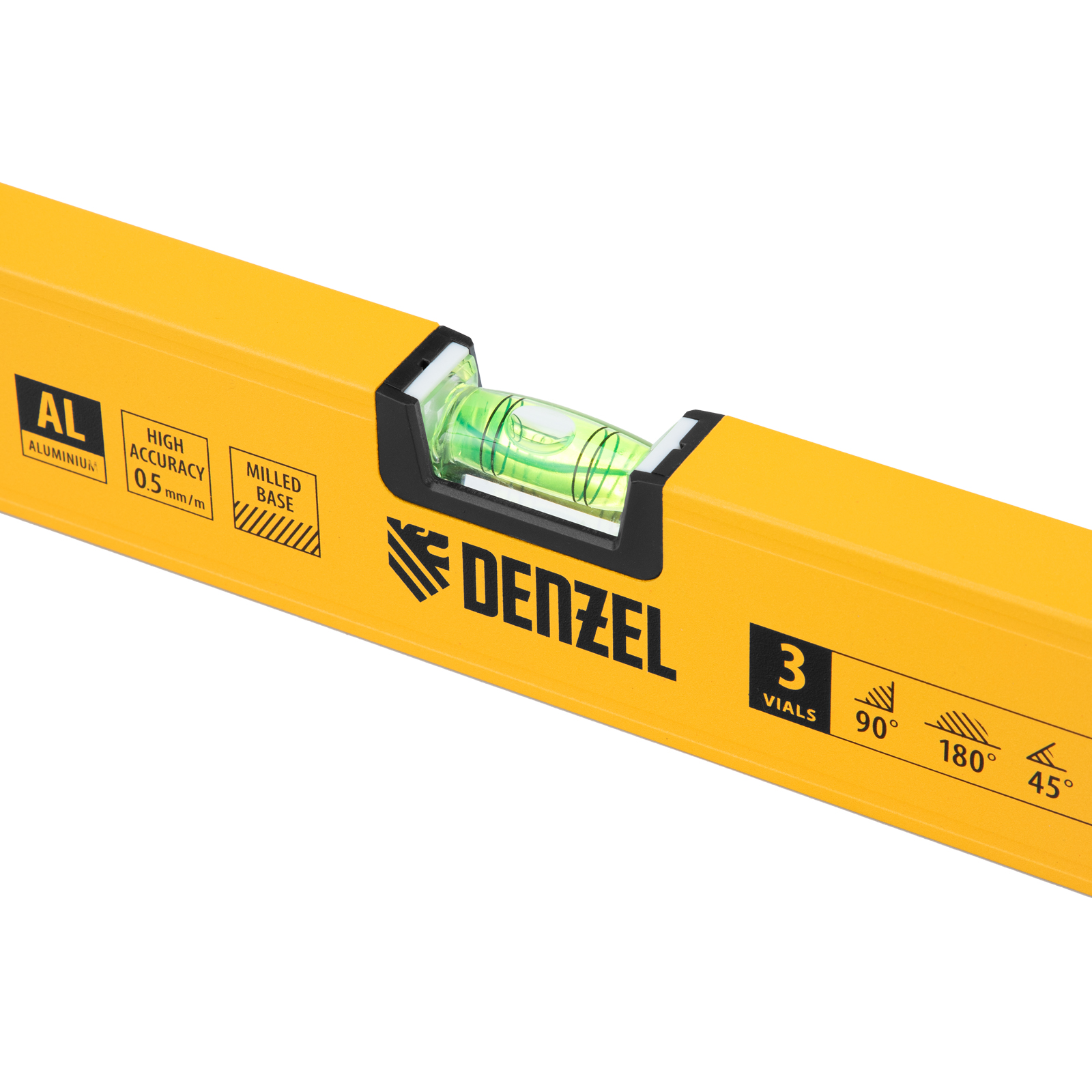Уровень алюминиевый, магнит, фрезерованный, 3 глазка (1 зеркал.) 0,5 мм/м, 1200 мм Denzel