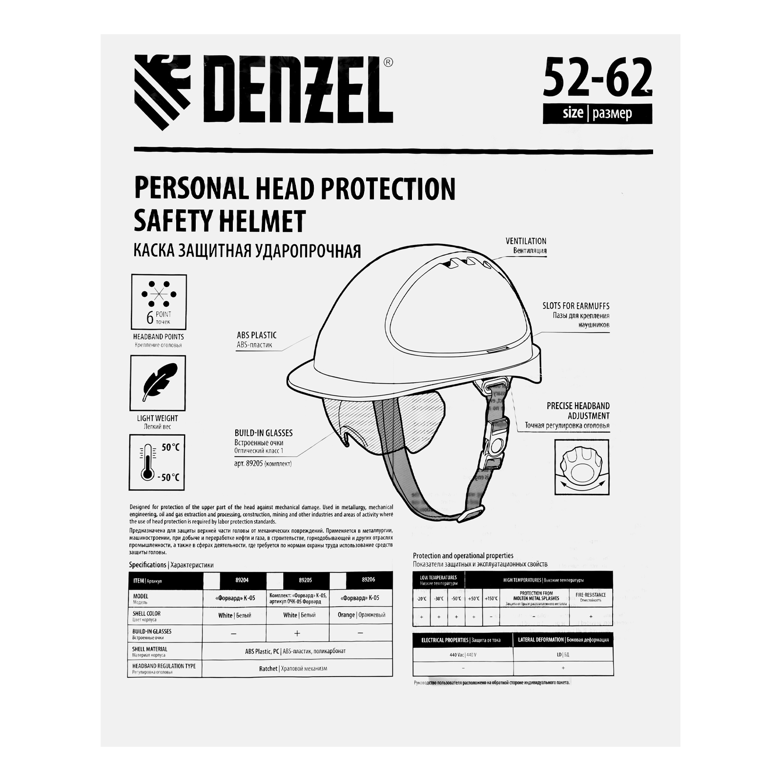 Каска защитная ударопр.«Форвард» (К-05)ABS/PC,комплект со встроен.очк.ОЧК-05 Форвард,белая Denzel