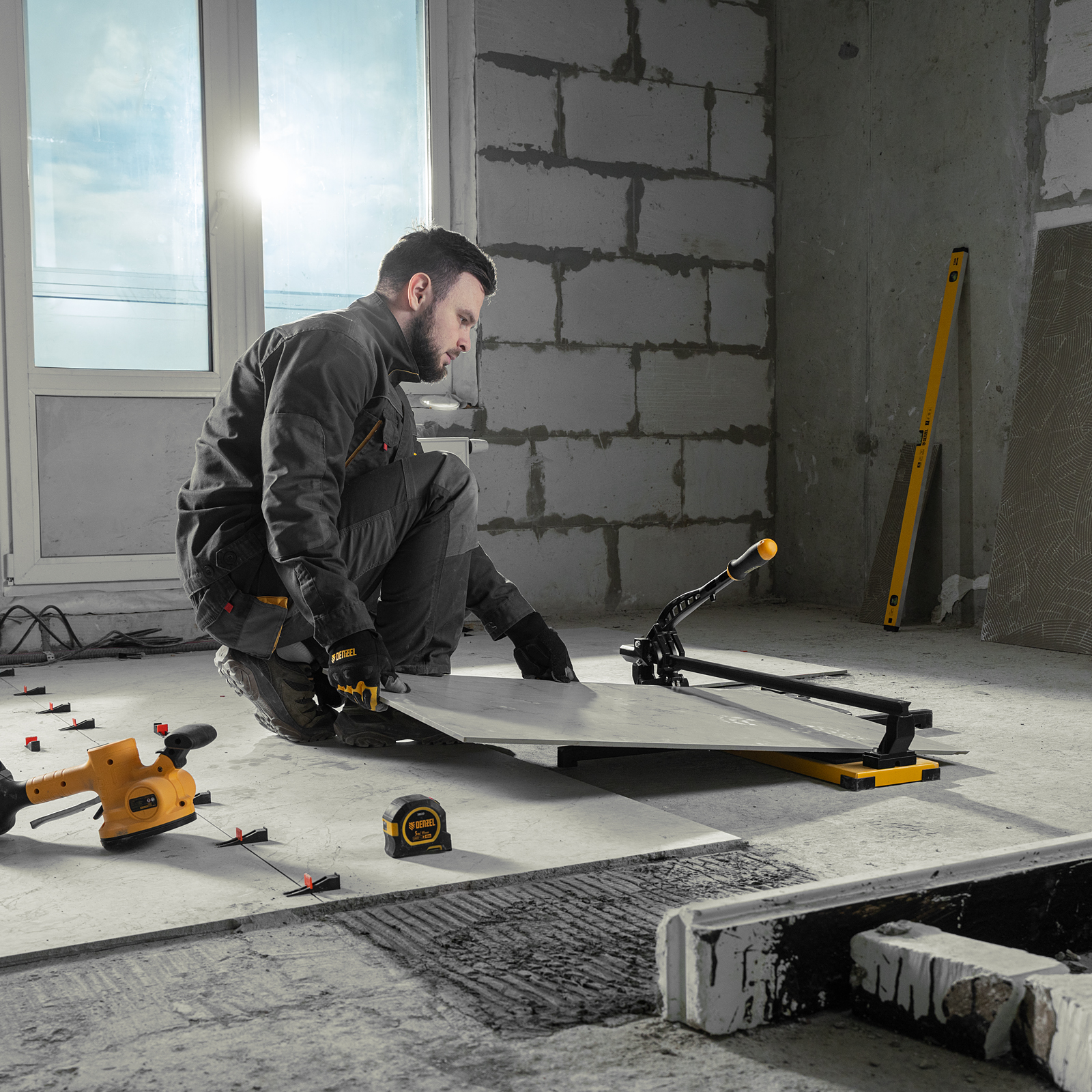 Плиткорез рельсовый 600х16мм, каретка на подш., стальная станина, усил. рукоятка-пенал Denzel