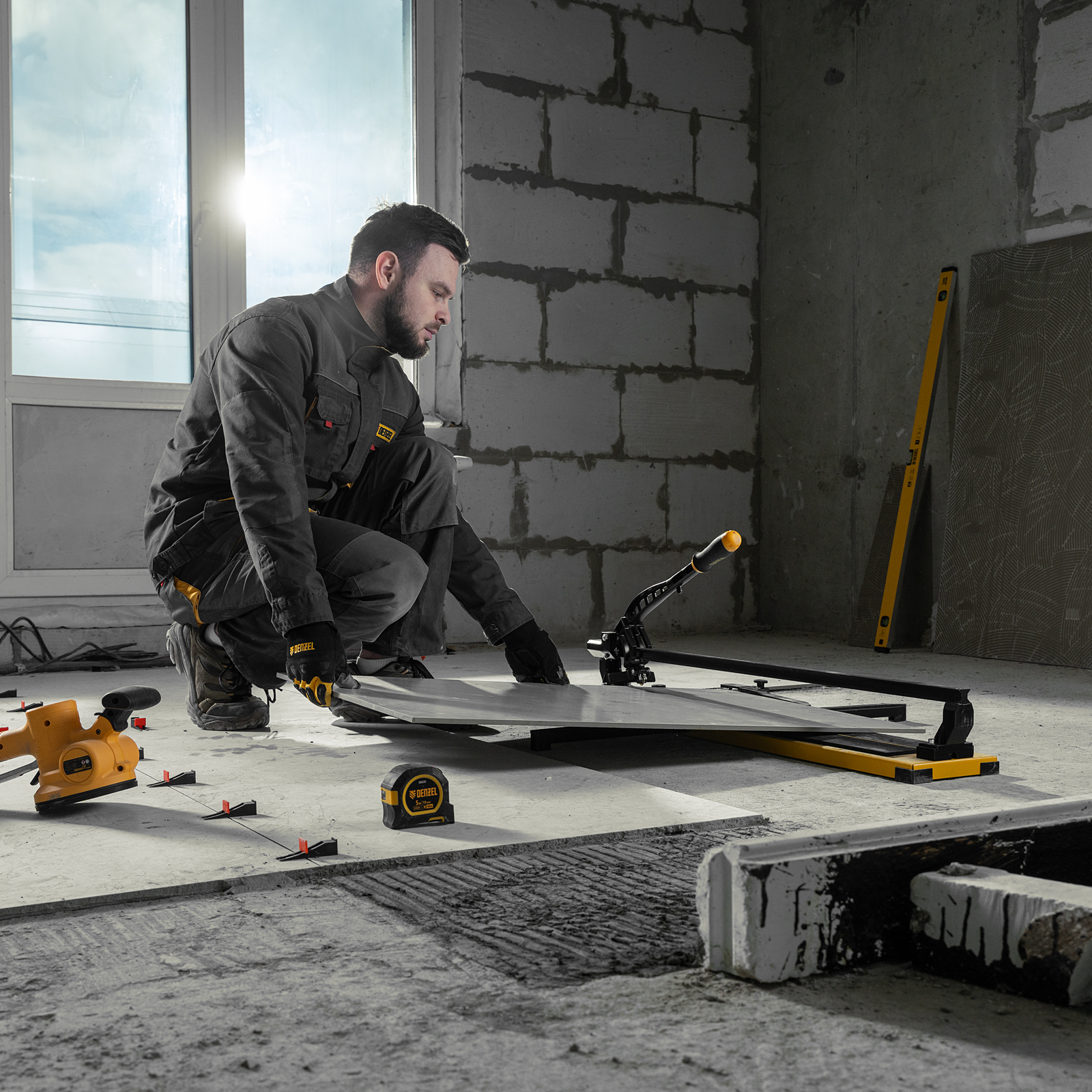 Плиткорез рельсовый 800х16мм, каретка на подш., стальная станина, усил. рукоятка-пенал Denzel