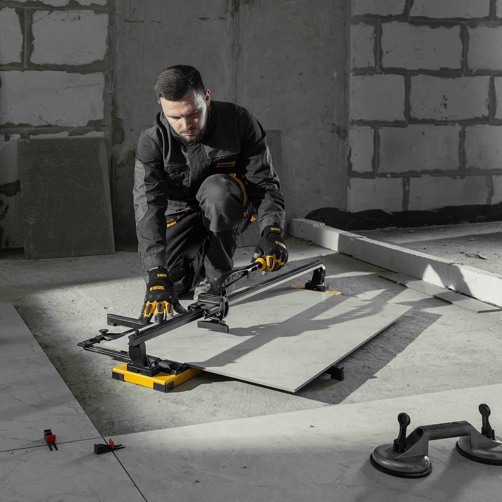 Плиткорез рельсовый 1000х16мм, каретка на подш., стальная станина, усил. рукоятка-пенал Denzel