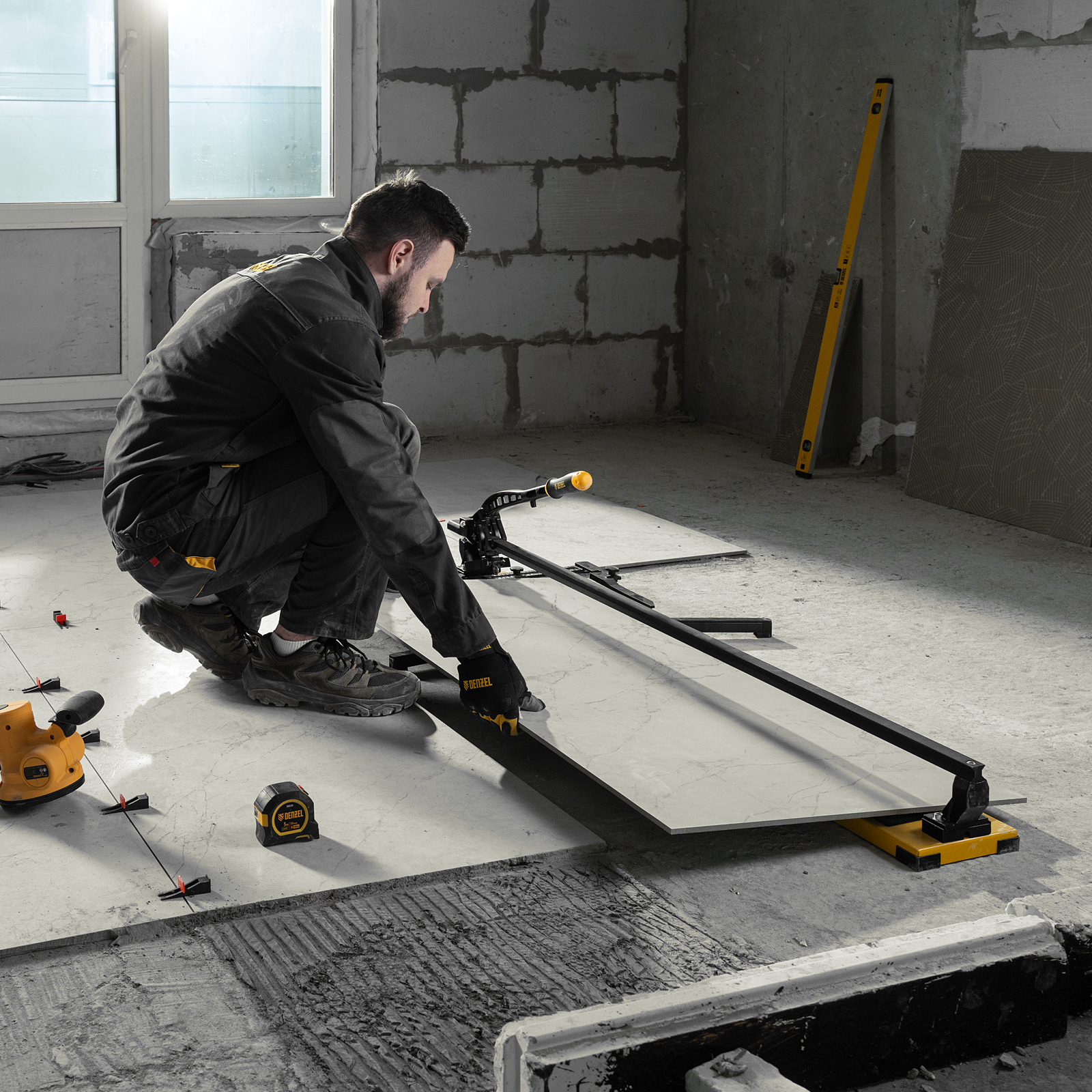 Плиткорез рельсовый 1200х16мм, каретка на подш., стальная станина, усил. рукоятка-пенал Denzel