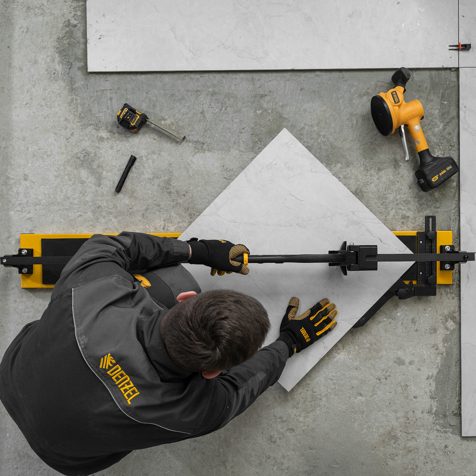 Плиткорез рельсовый 1200х16мм, каретка на подш., стальная станина, усил. рукоятка-пенал Denzel