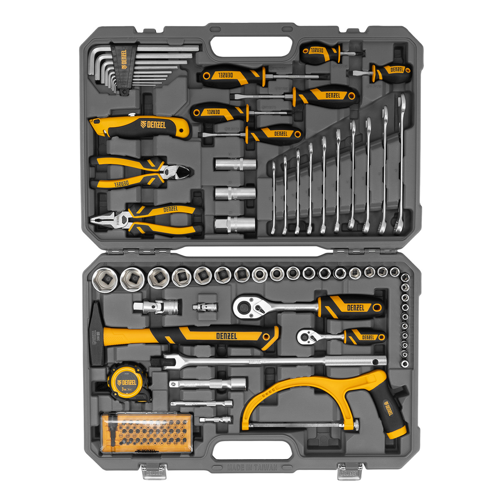 Набор инструментов, 1/2", 1/4", CrV, S2, пластиковый кейс, 100 предметов Denzel