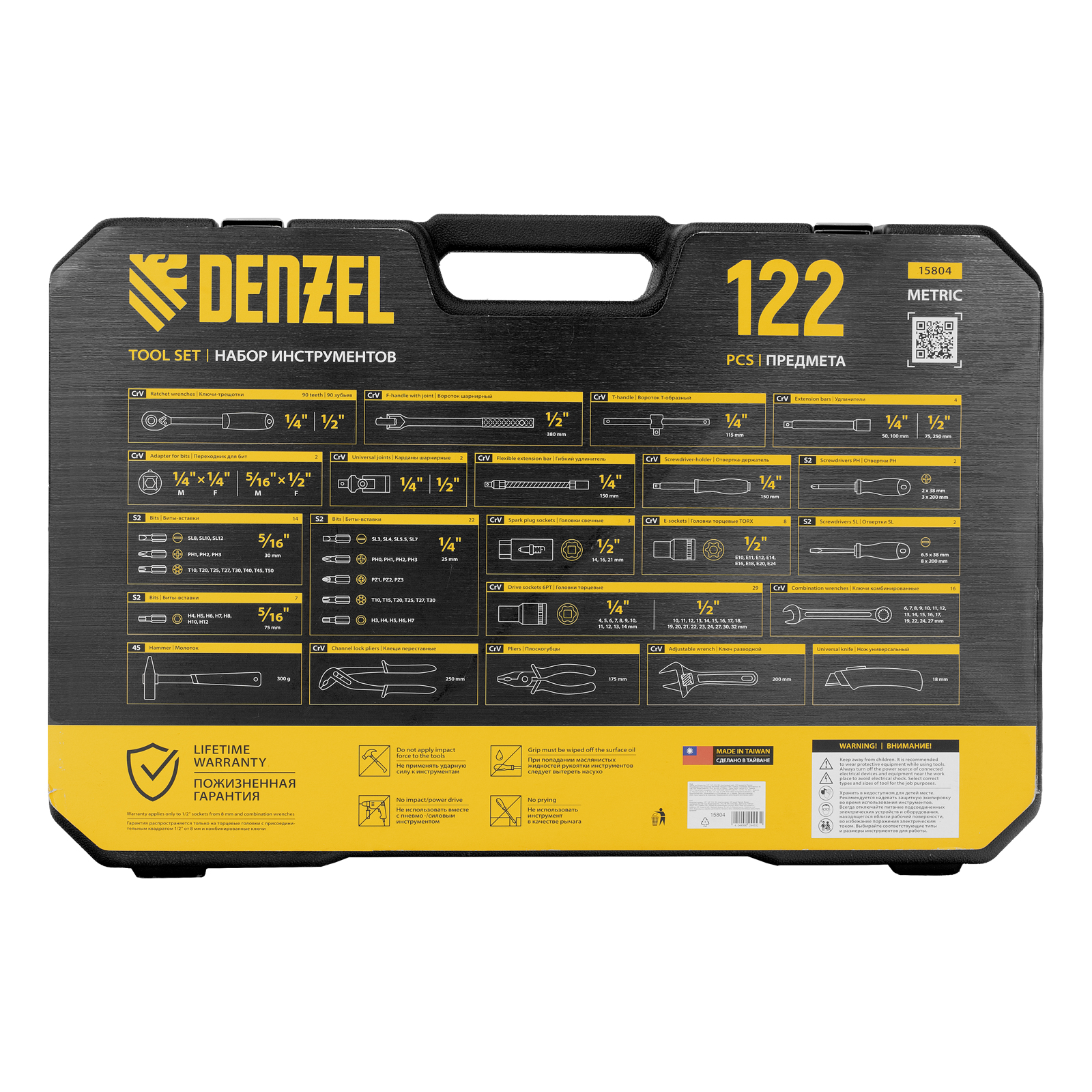 Набор инструментов, 1/2", 1/4", CrV, S2, пластиковый кейс, 122 предмета Denzel