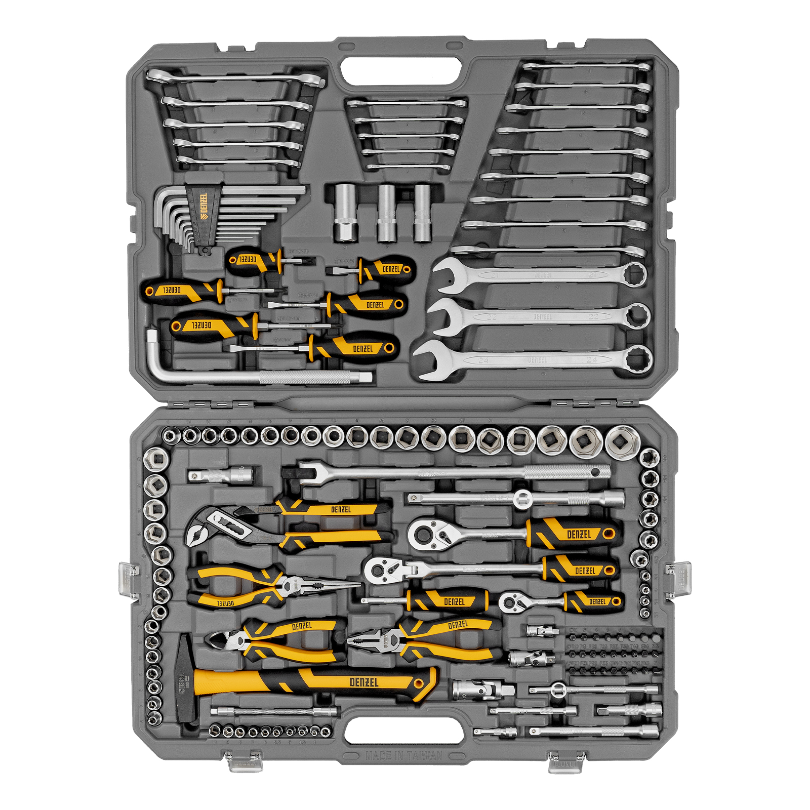 Набор инструментов, 1/2", 1/4", 3/8", CrV, S2, пластиковый кейс, 144 предмета Denzel