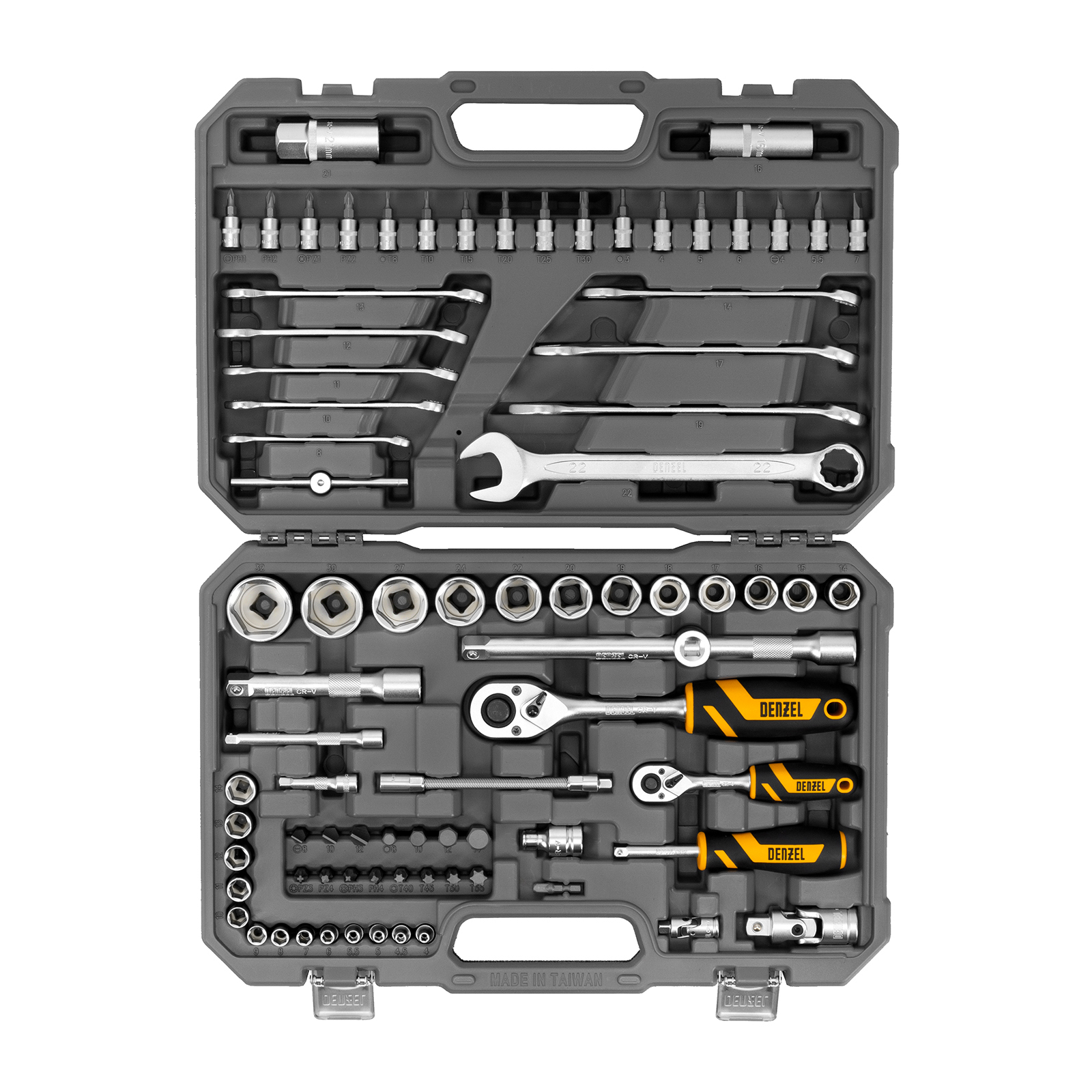 Набор инструментов, 1/2", 1/4", CrV, S2, пластиковый кейс, 82 предмета Denzel