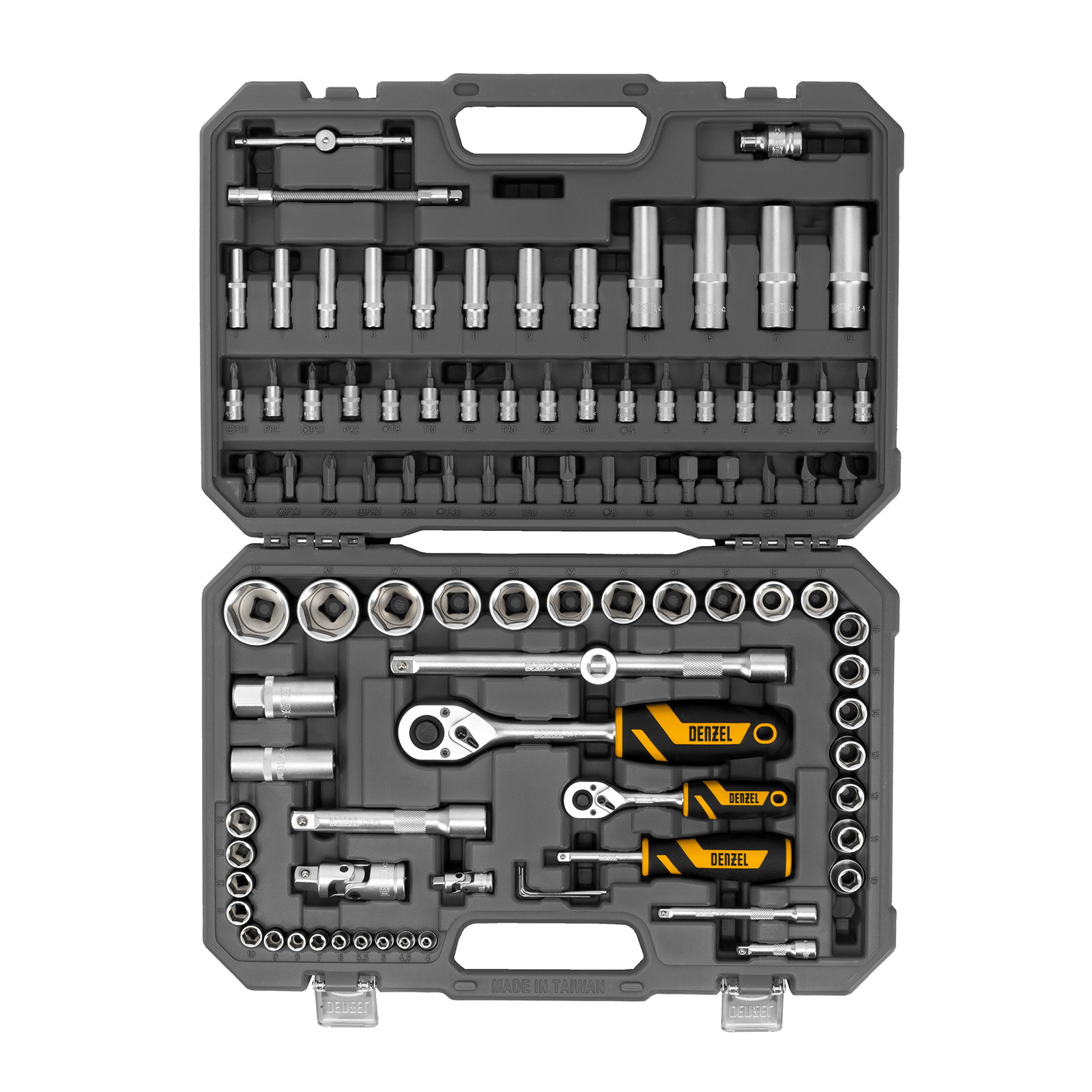 Набор инструментов, 1/2", 1/4", CrV, S2, пластиковый кейс, 94 предмета Denzel