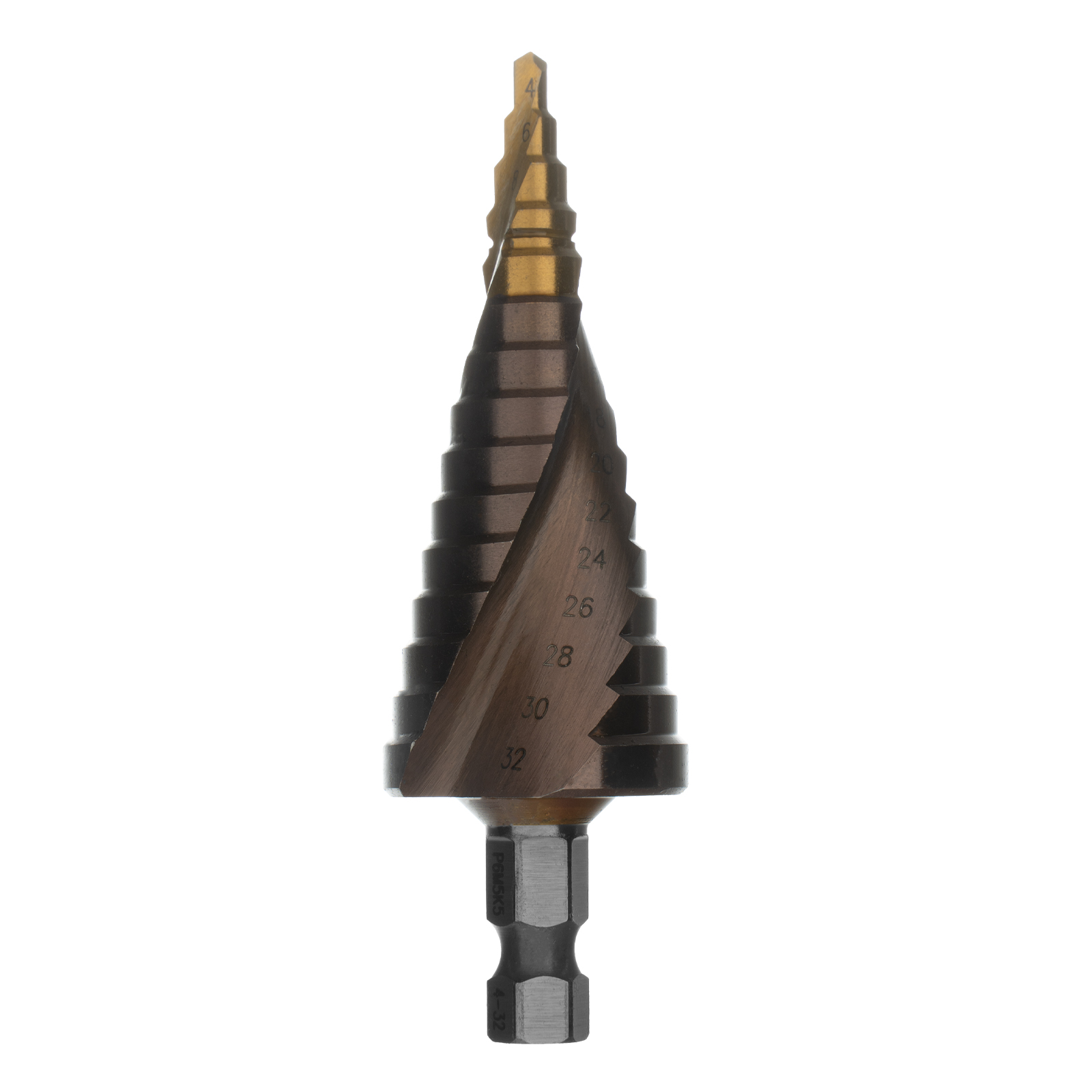Сверло ступенчатое, 4-6-8-10-12-14-16-18-20-22-24-26-28-30-32 мм, Р6М5К5, 6-гр. хвостовик Denzel