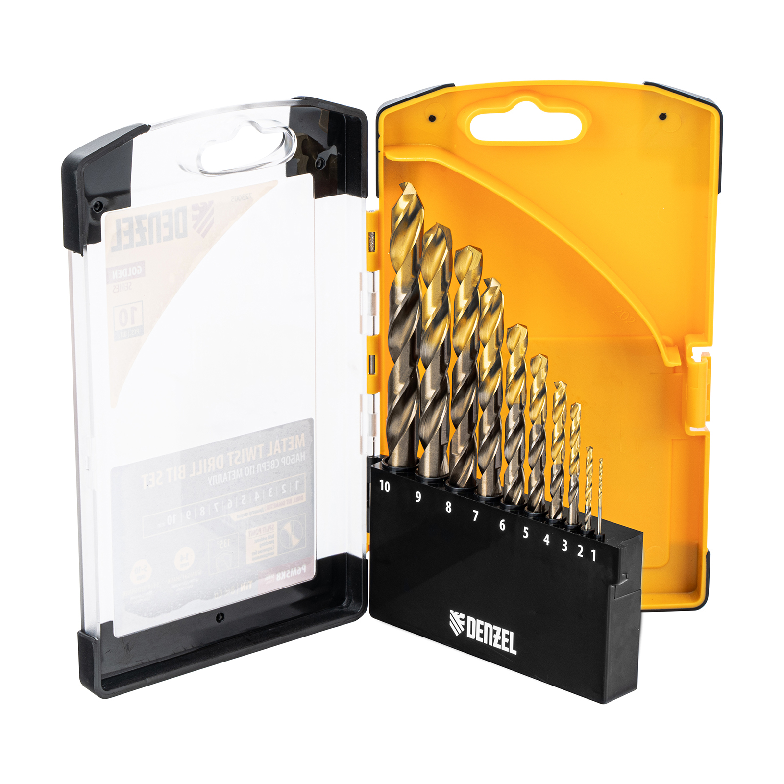 Набор сверл по металлу, 1-10 мм, Р6М5К8-TiN, Golden Tip, 10 шт Denzel