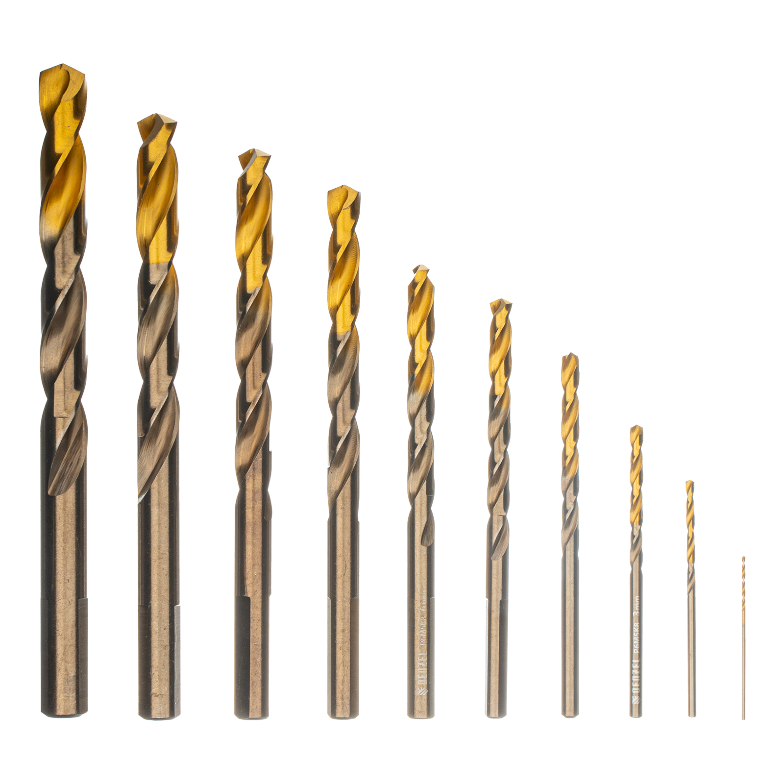 Набор сверл по металлу, 1-10 мм, Р6М5К8-TiN, Golden Tip, 10 шт Denzel