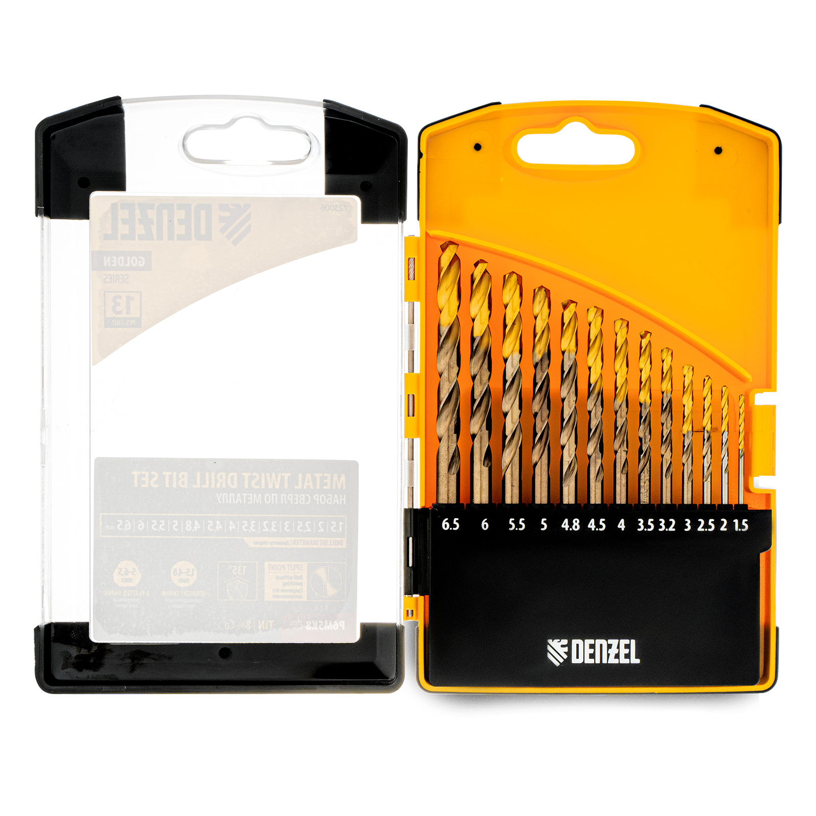 Набор сверл по металлу, 1,5-6,5мм, Р6М5К8-TiN, Golden Tip, 13 шт Denzel