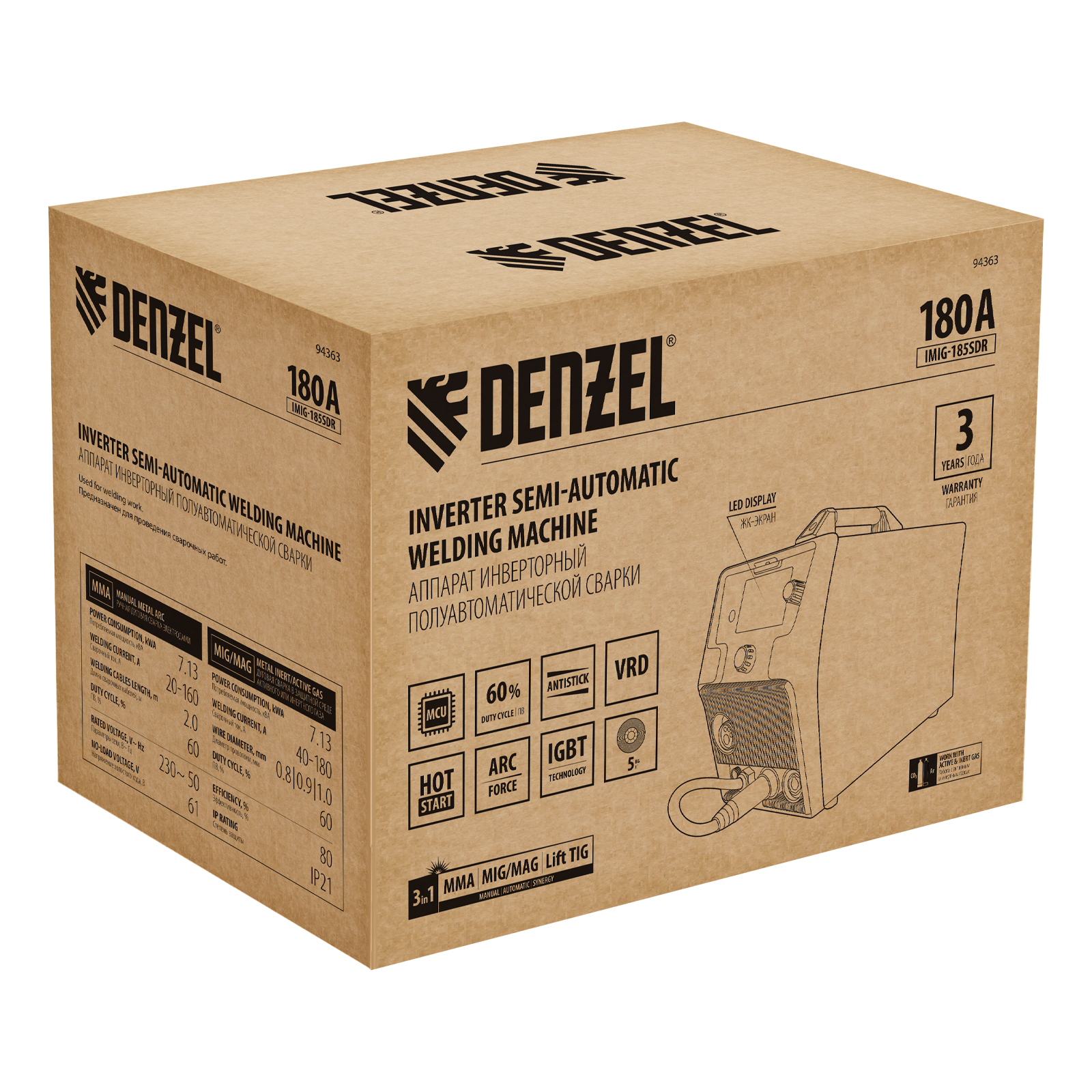 Аппарат инвертор. полуавтомат. cварки IMIG-185SDR, 180 А, ПВ 60%, катушка 5 кг Denzel