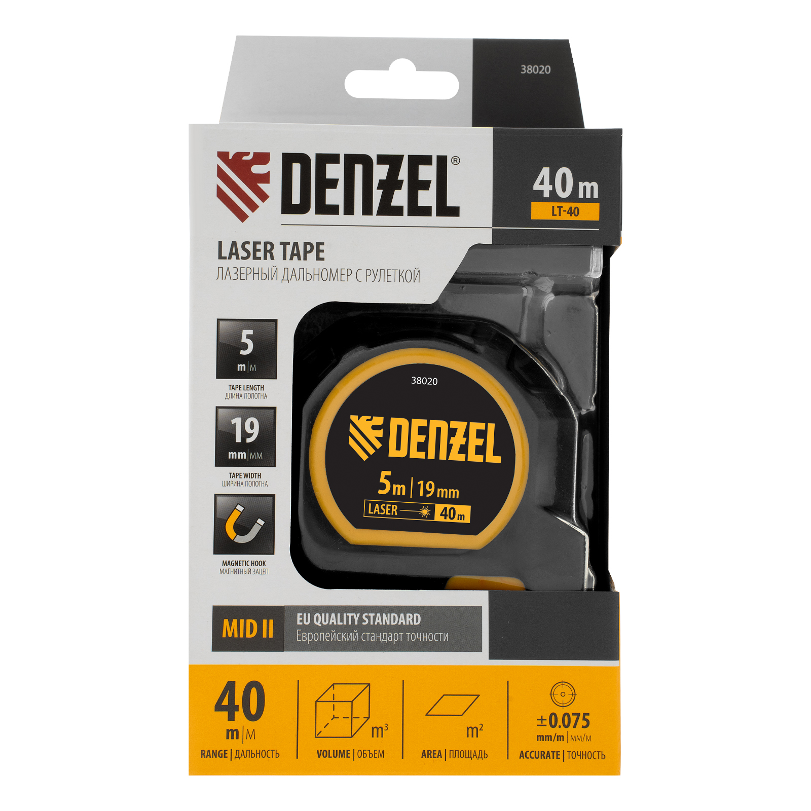 Лазерный дальномер с рулеткой LT-40, 5м x 19 мм, дальномер 40м, автомат. фиксация Denzel