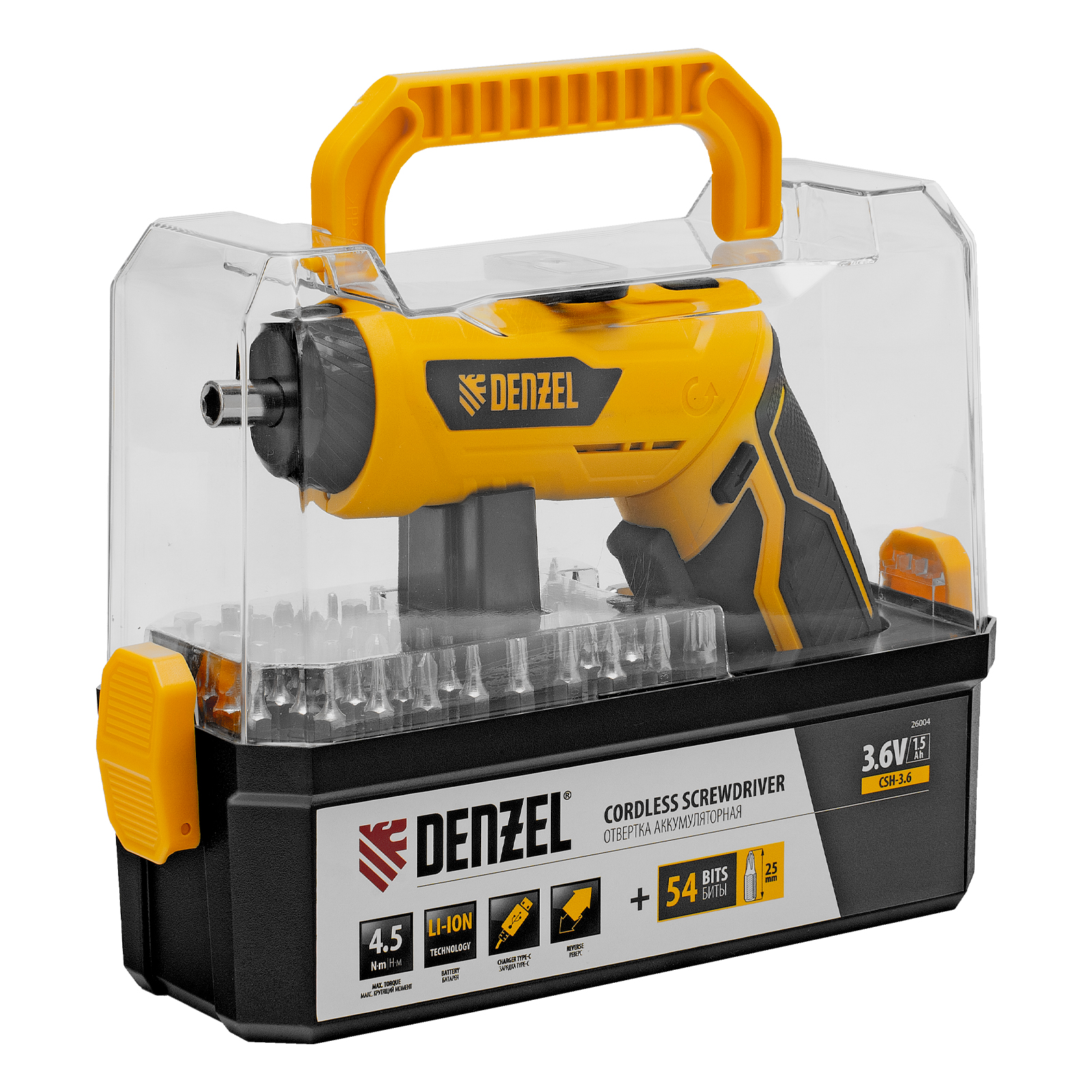 Отвертка аккумуляторная CSH-3.6, 54 биты, Li-Ion, 3,6 В// Denzel