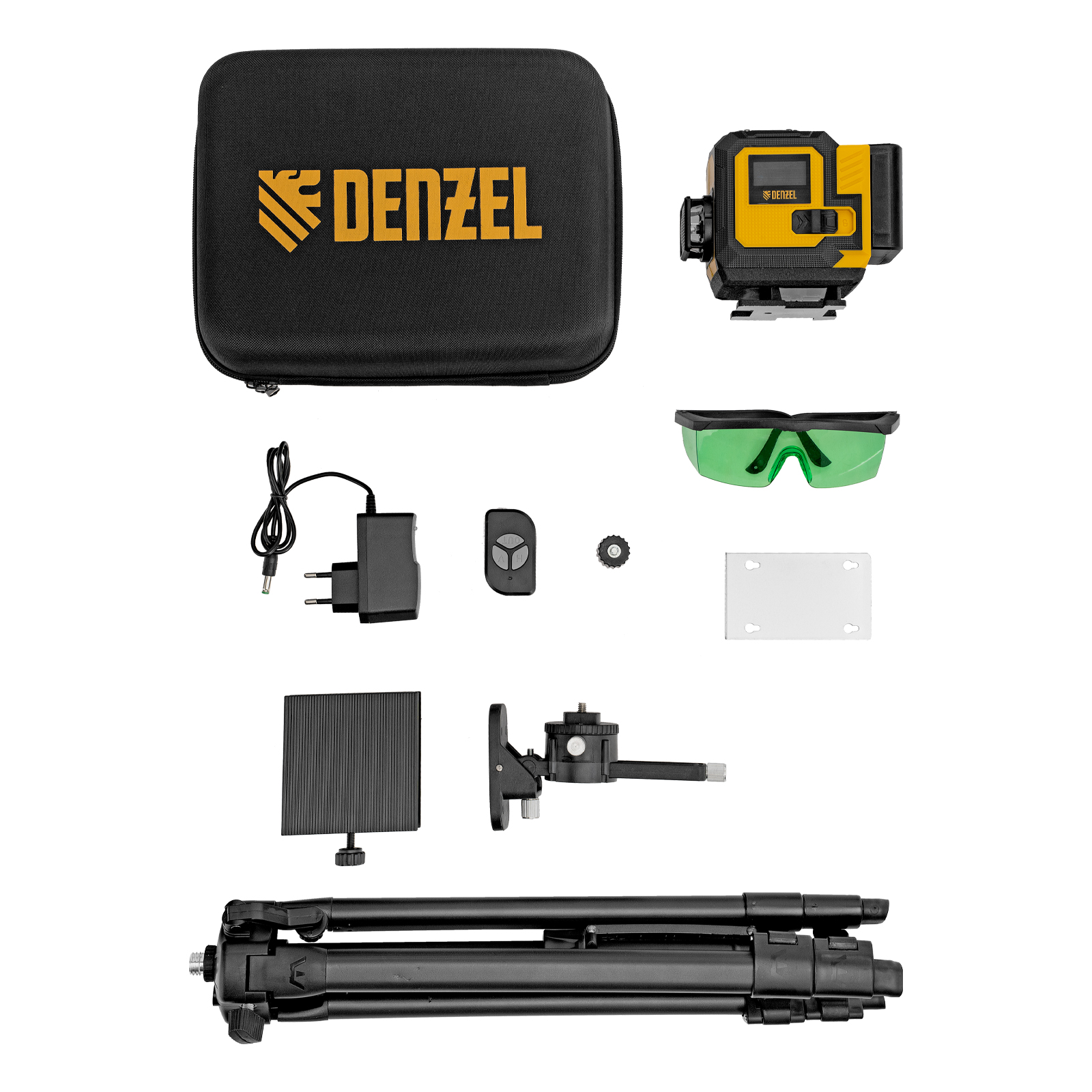 Лазерный уровень мультипризменный DLV-360-3T, 30 м, зеленый луч, Li-Ion 2,4 Aч, штатив // Denzel