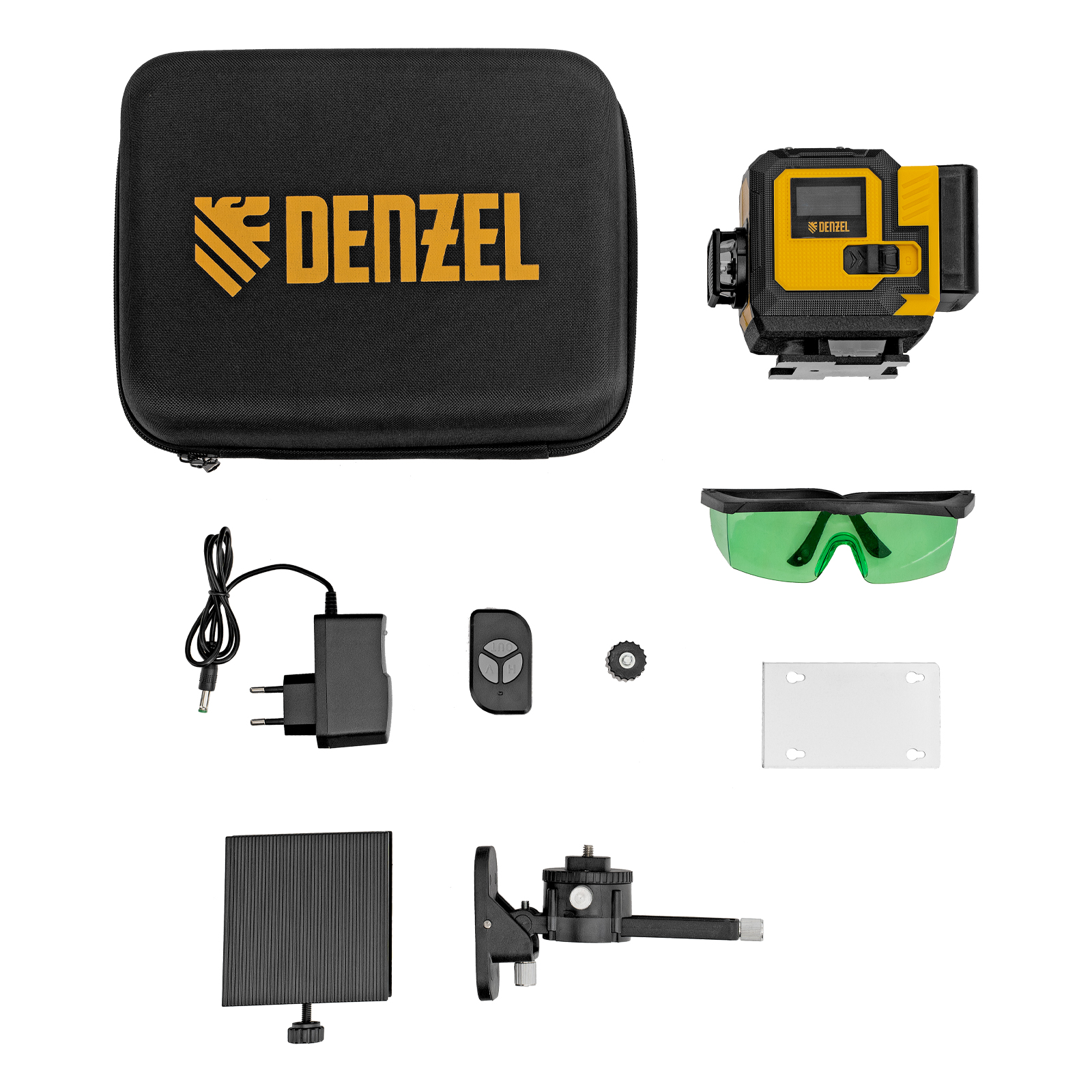 Лазерный уровень мультипризменный DLV-360-3C, 30 м, зеленый луч, Li-Ion 2,4 Aч, кейс// Denzel