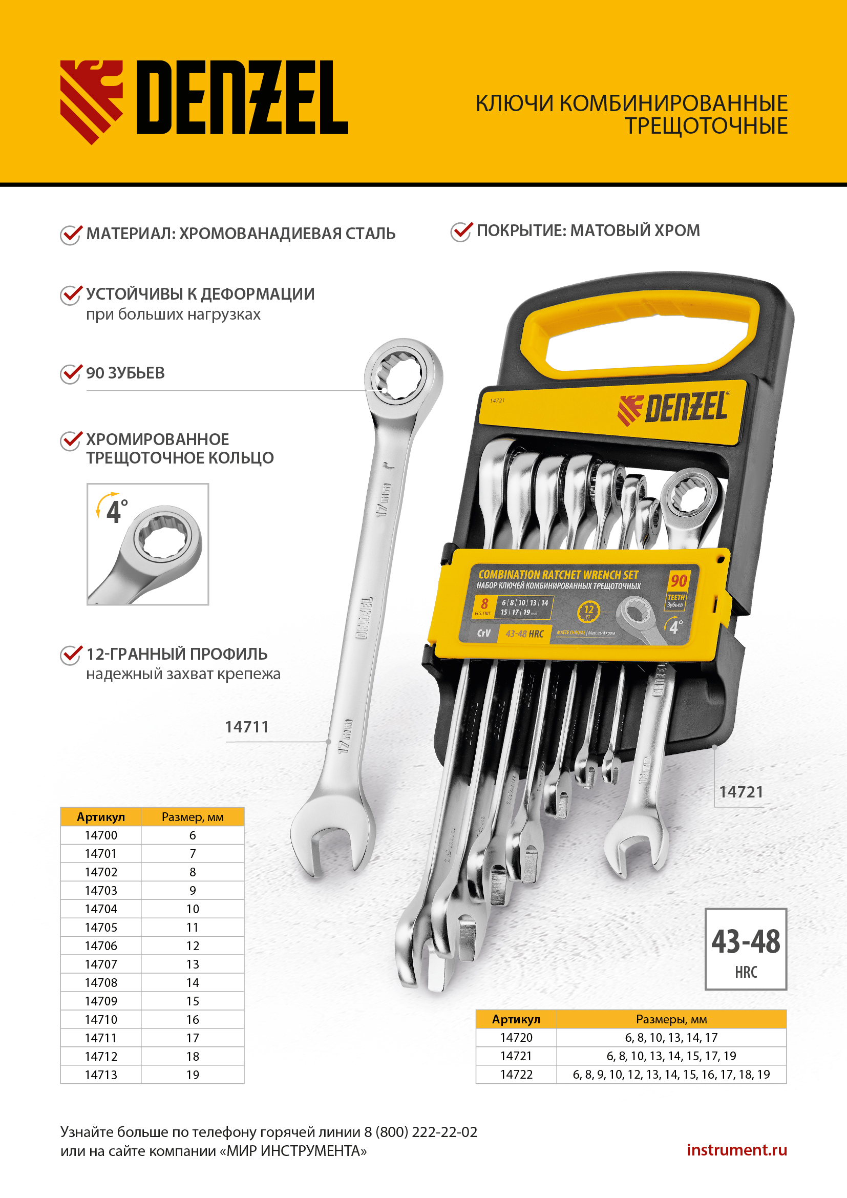 Ключ комбинированный трещоточный, 17 мм, CrV, матовый хром Denzel