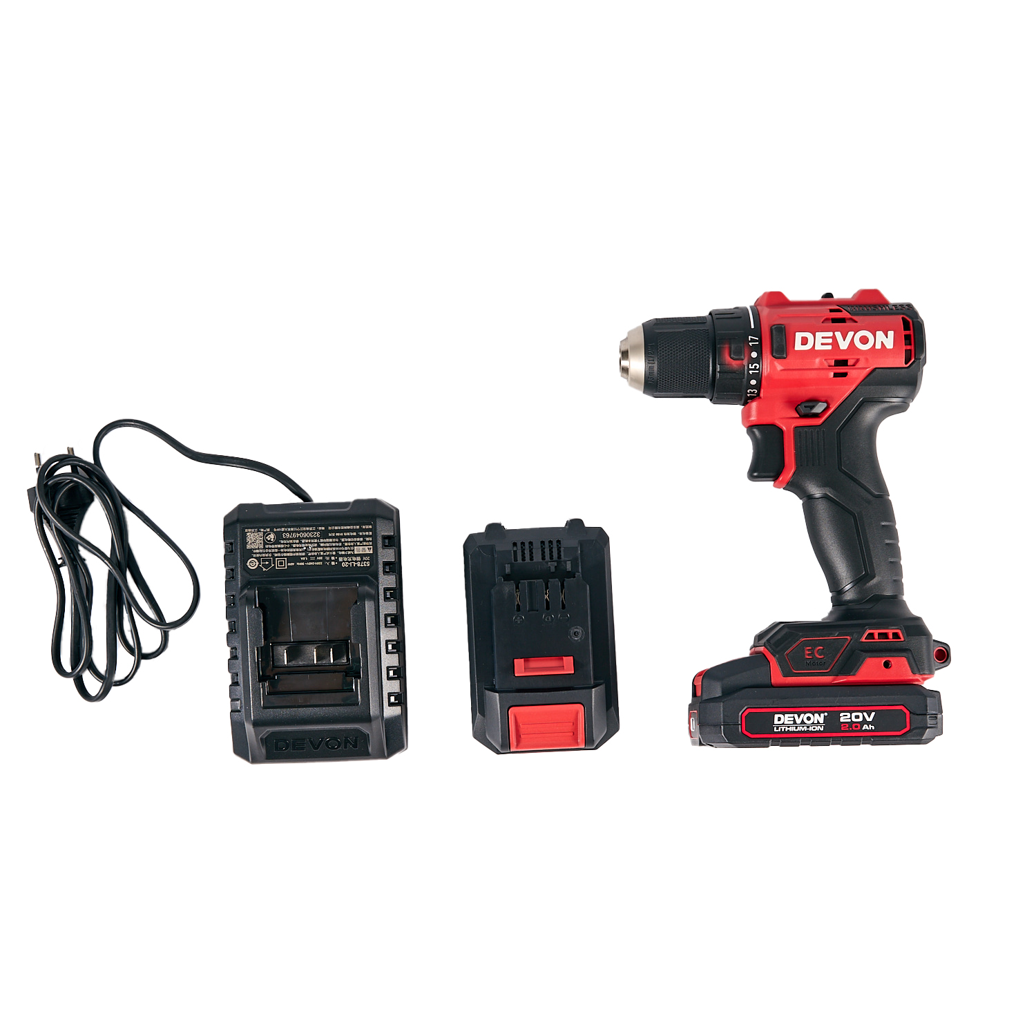 Аккумуляторный шуруповерт/дрель DEVON 5210-Li-20 / бесщеточный / 27/55Нм / 20 В / 2 аккум. 2.0 А∙ч / стандартное ЗУ 75 Вт