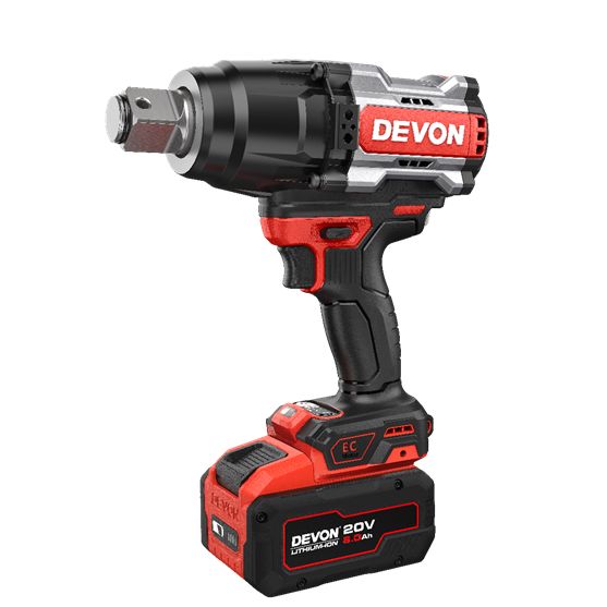 Аккумуляторный ударный гайковерт DEVON 5769-Li-20 / головка 1 " / бесщеточный / F2100Нм / R2600Нм / 20 В / 2 аккум. по 5.0 А∙ч / быстрое ЗУ 190 Вт