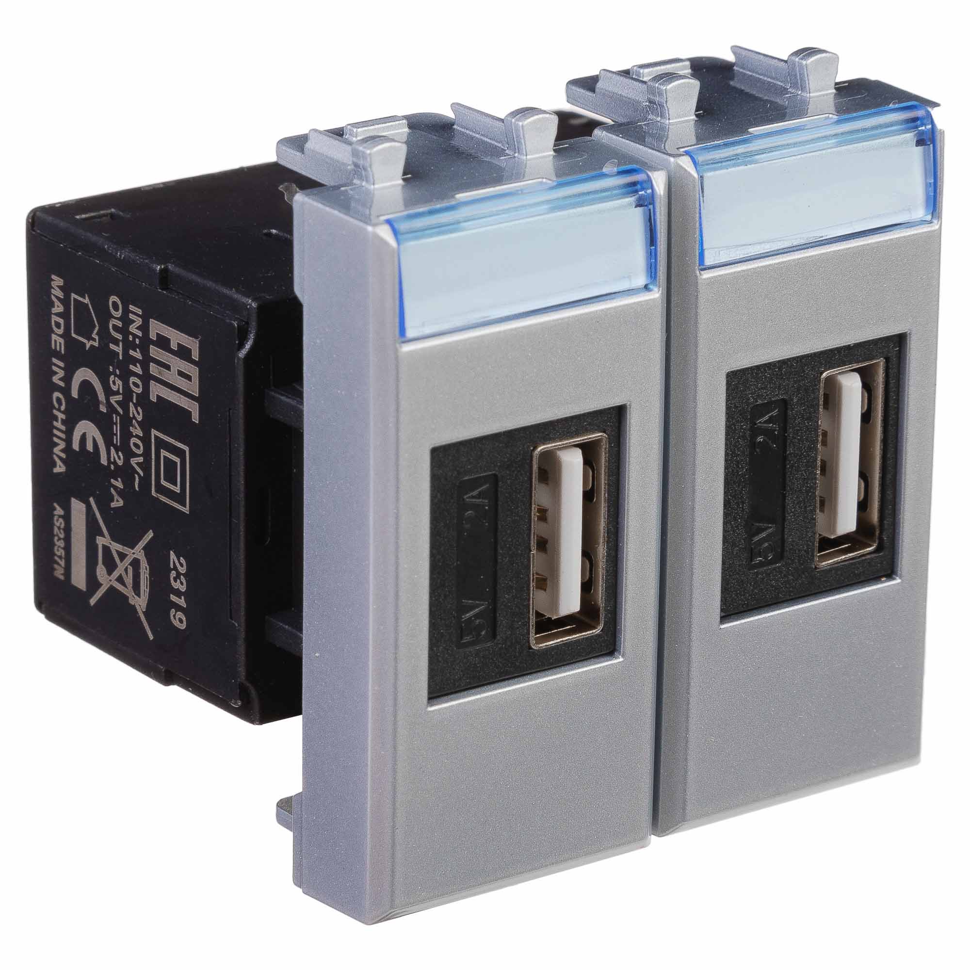 USB зарядное устройство модульное,  "Avanti", "Закаленная сталь", 2модуля, 2.1 А