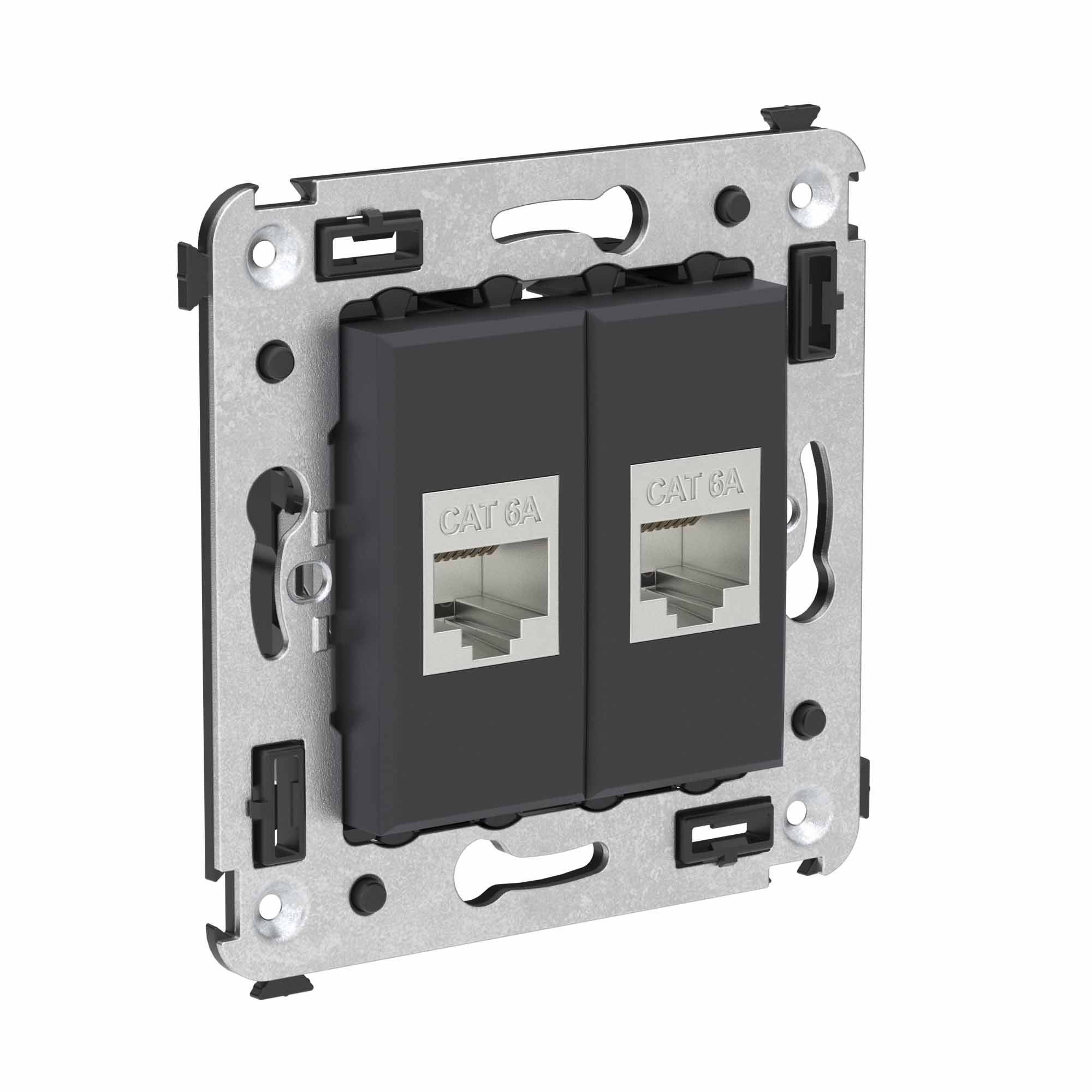 Компьютерная розетка RJ-45 без шторки в стену, кат.6А двойная экранированная, "Avanti", "Черный матовый"