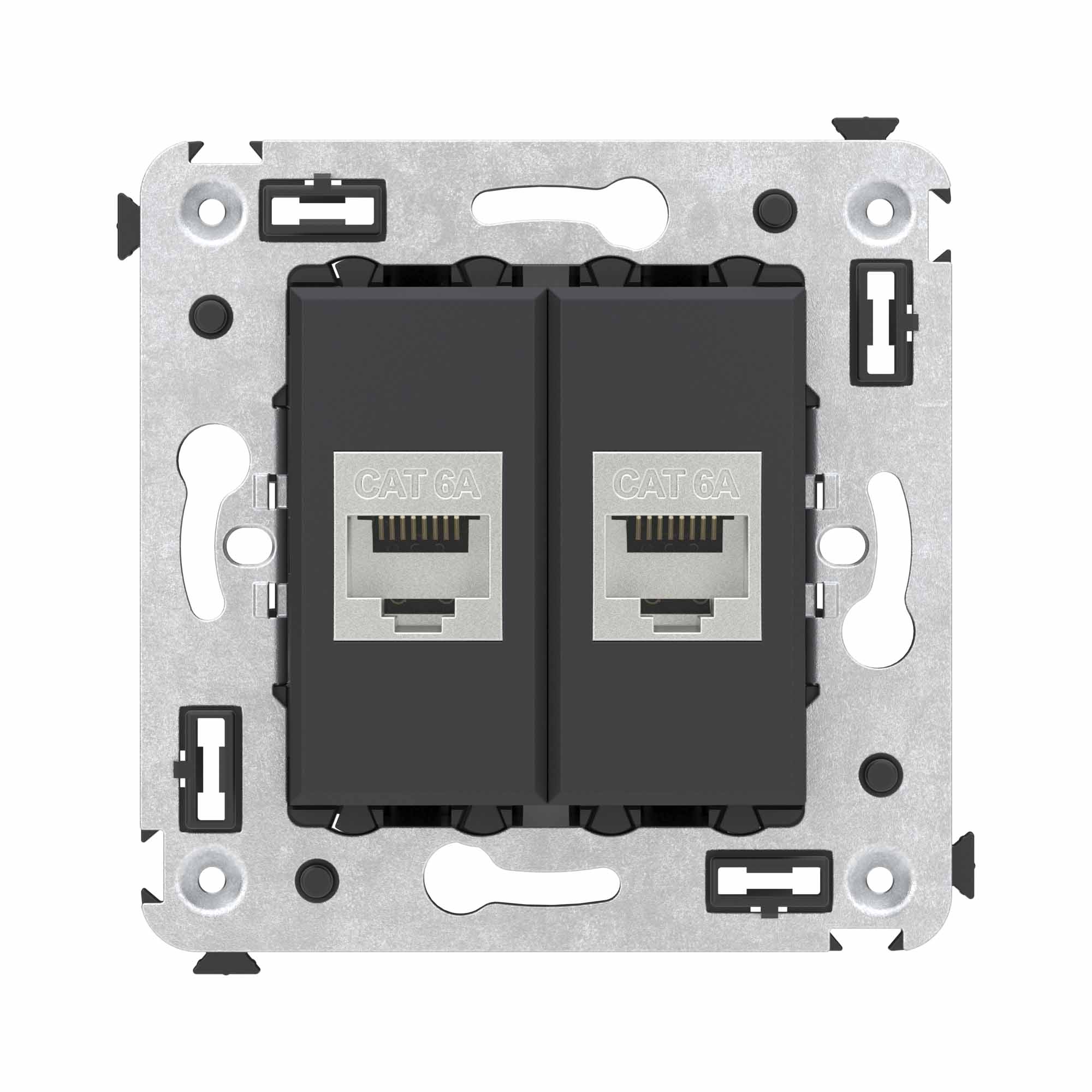 Компьютерная розетка RJ-45 без шторки в стену, кат.6А двойная экранированная, "Avanti", "Черный матовый"