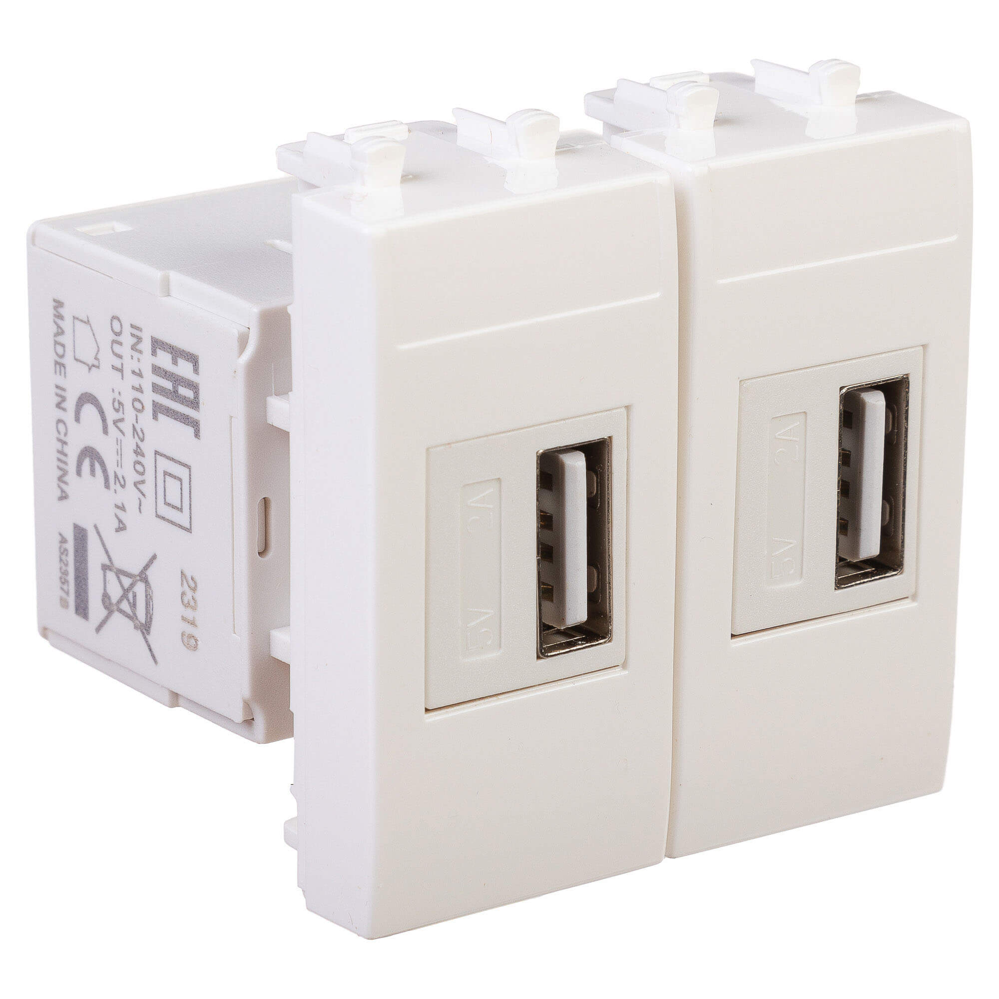 USB зарядное устройство модульное, "Avanti", "Белое облако", 2 модуля, 2.1 А