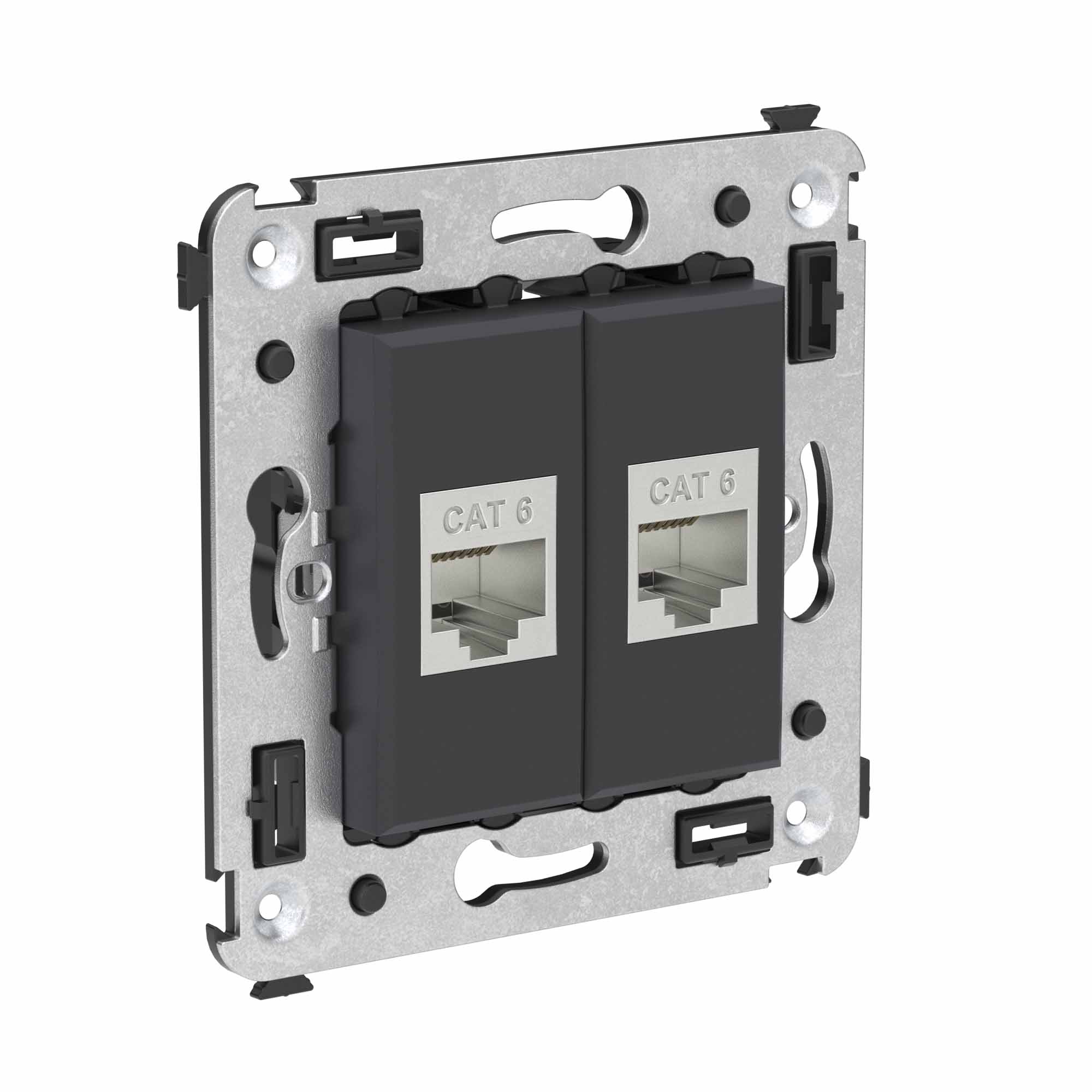 Компьютерная розетка RJ-45 без шторки в стену, кат.6 двойная экранированная, "Avanti", "Черный матовый"