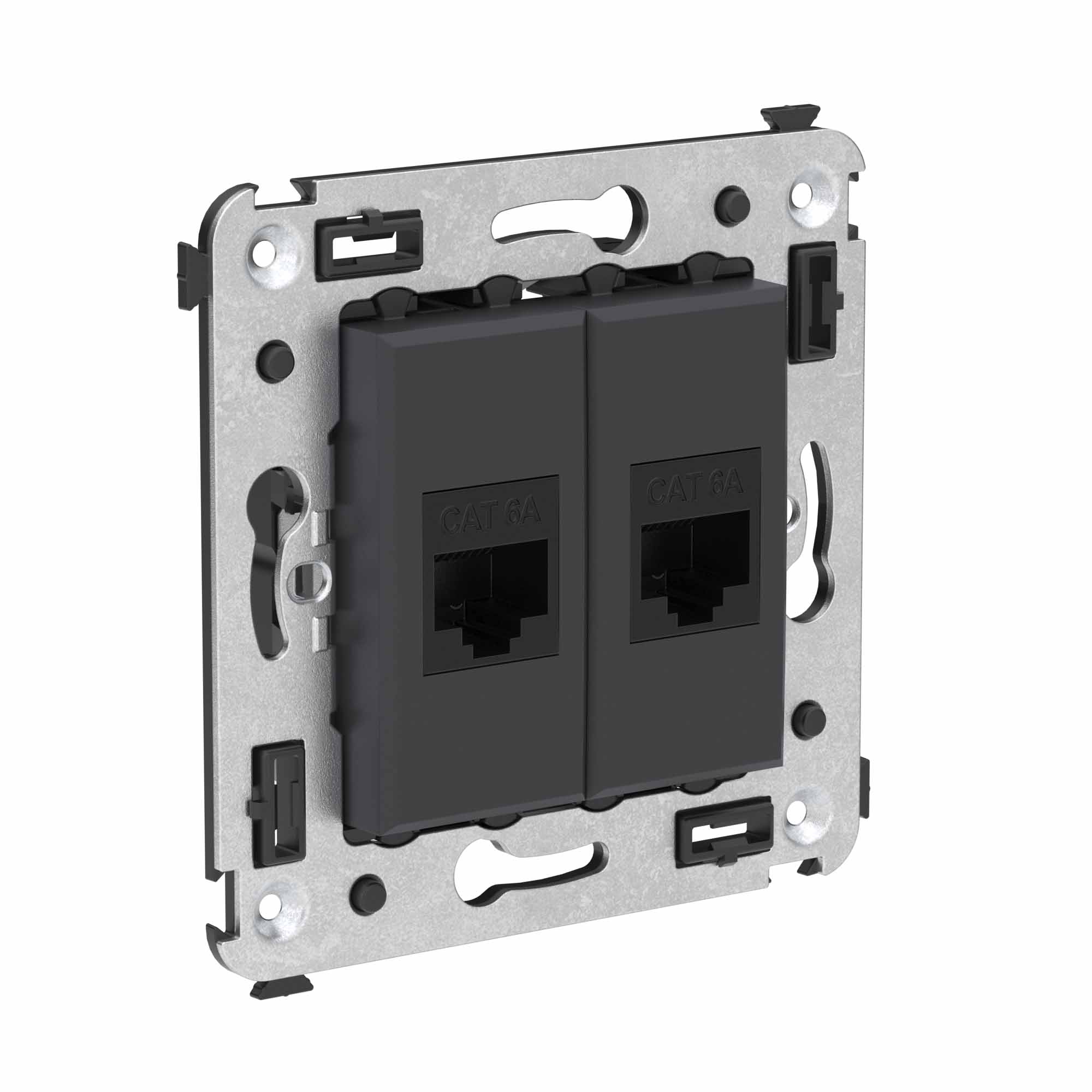 Компьютерная розетка RJ-45 без шторки в стену, кат.6А двойная, "Avanti", "Черный матовый"