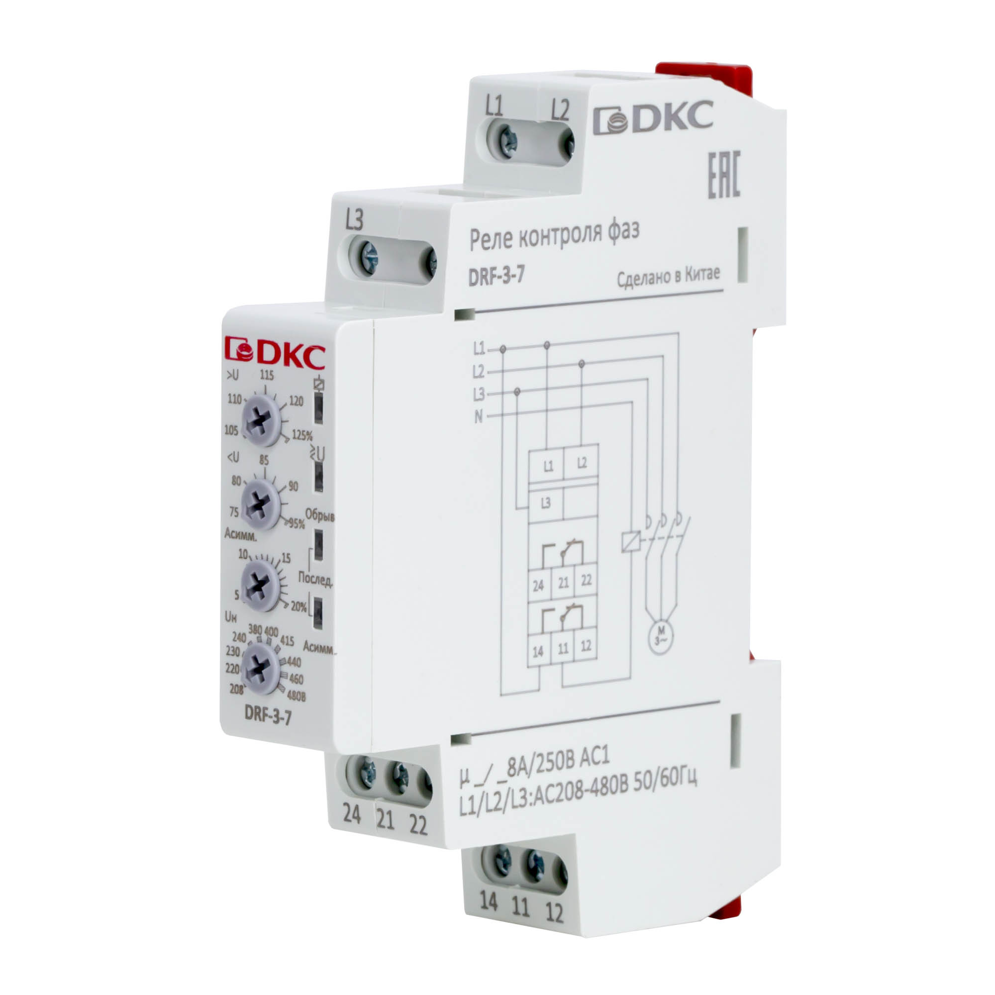 Реле контроля фаз, 3 фазы, тип DRF, контроль напряжения , контрольобрыва фаз, контроль чередования фаз, контроль асимметрии, конфигурацияконтакта 2CO, 208-480В
