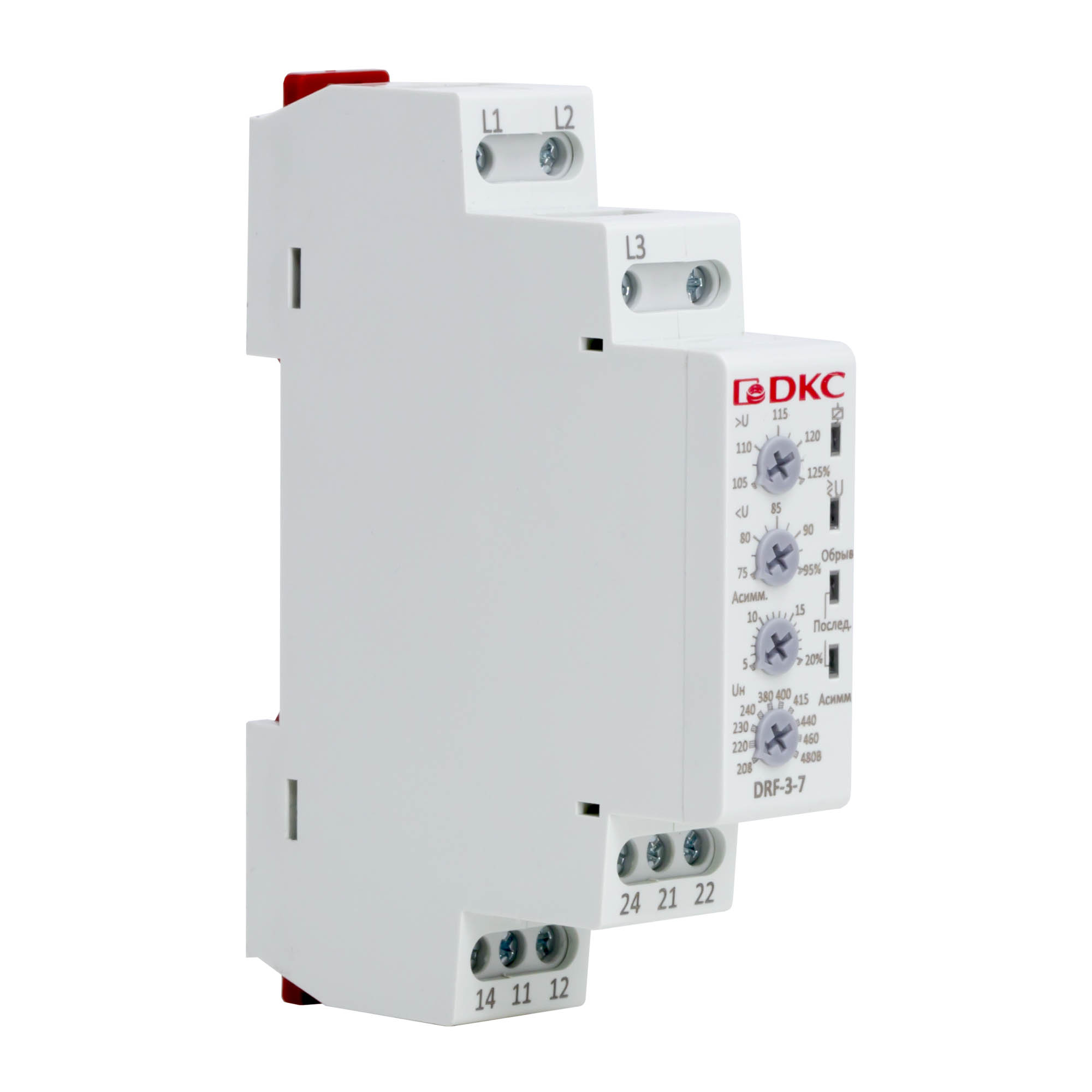 Реле контроля фаз, 3 фазы, тип DRF, контроль напряжения , контрольобрыва фаз, контроль чередования фаз, контроль асимметрии, конфигурацияконтакта 2CO, 208-480В