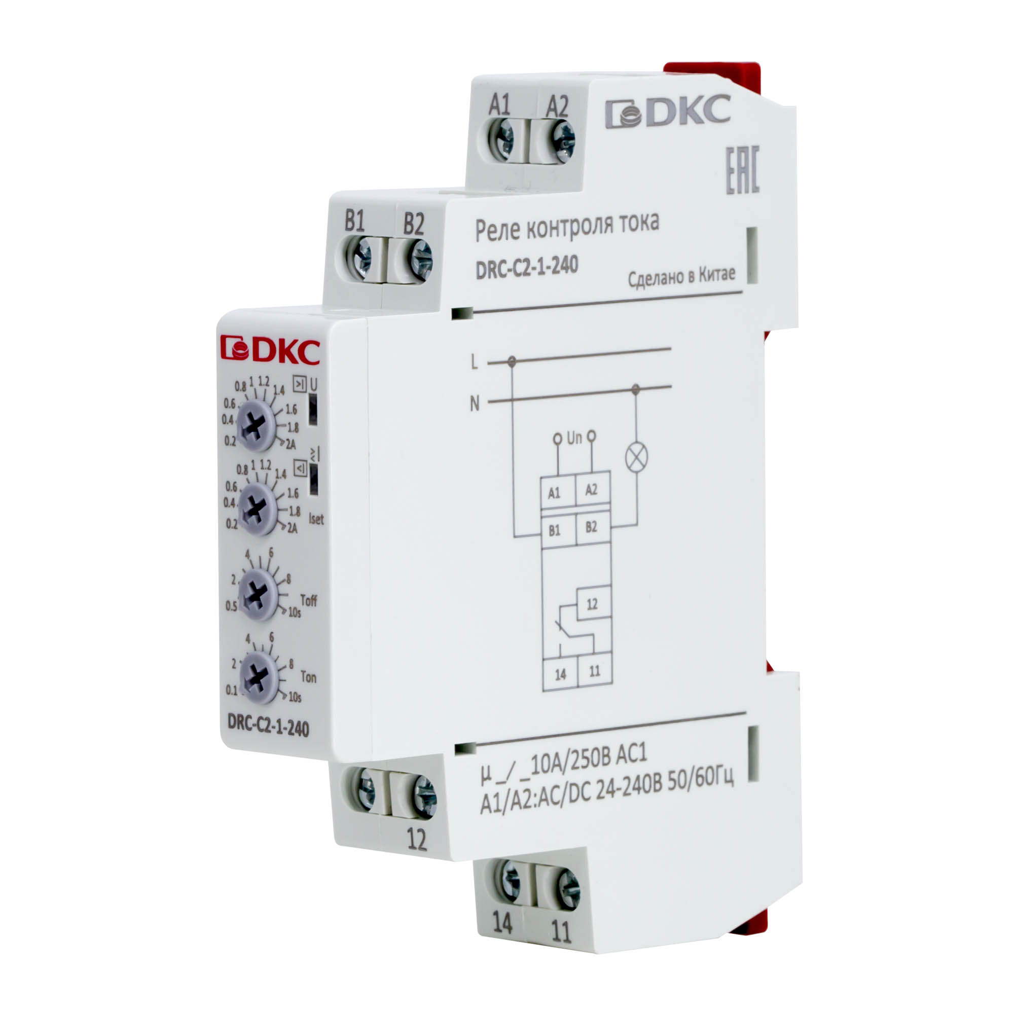 Реле контроля тока, тип DRC, 0.2-2А, конфигурация контакта 1CO, 24-240 AC/DC