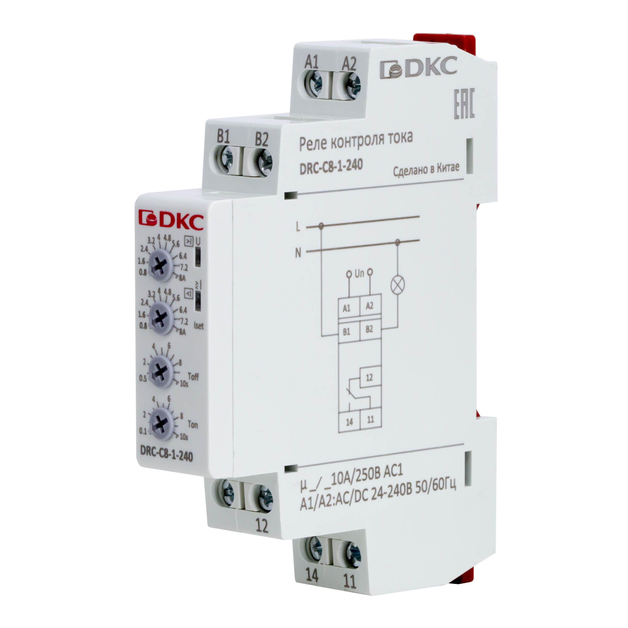 Реле контроля тока, тип DRC, 0.8-8А, конфигурация контакта 1CO, 24-240 AC/DC