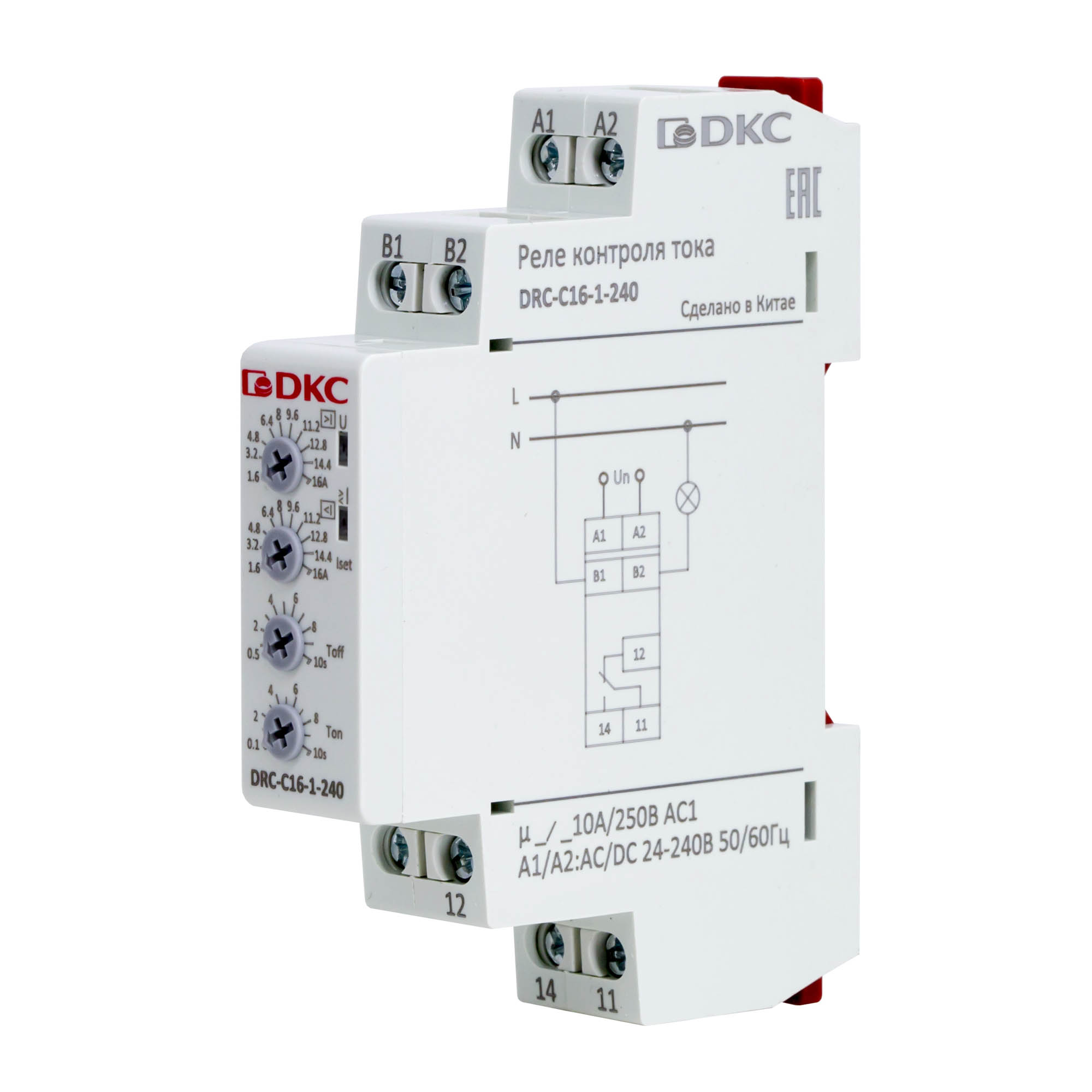 Реле контроля тока, тип DRC, 1.6-16А, конфигурация контакта 1CO, 24-240 AC/DC