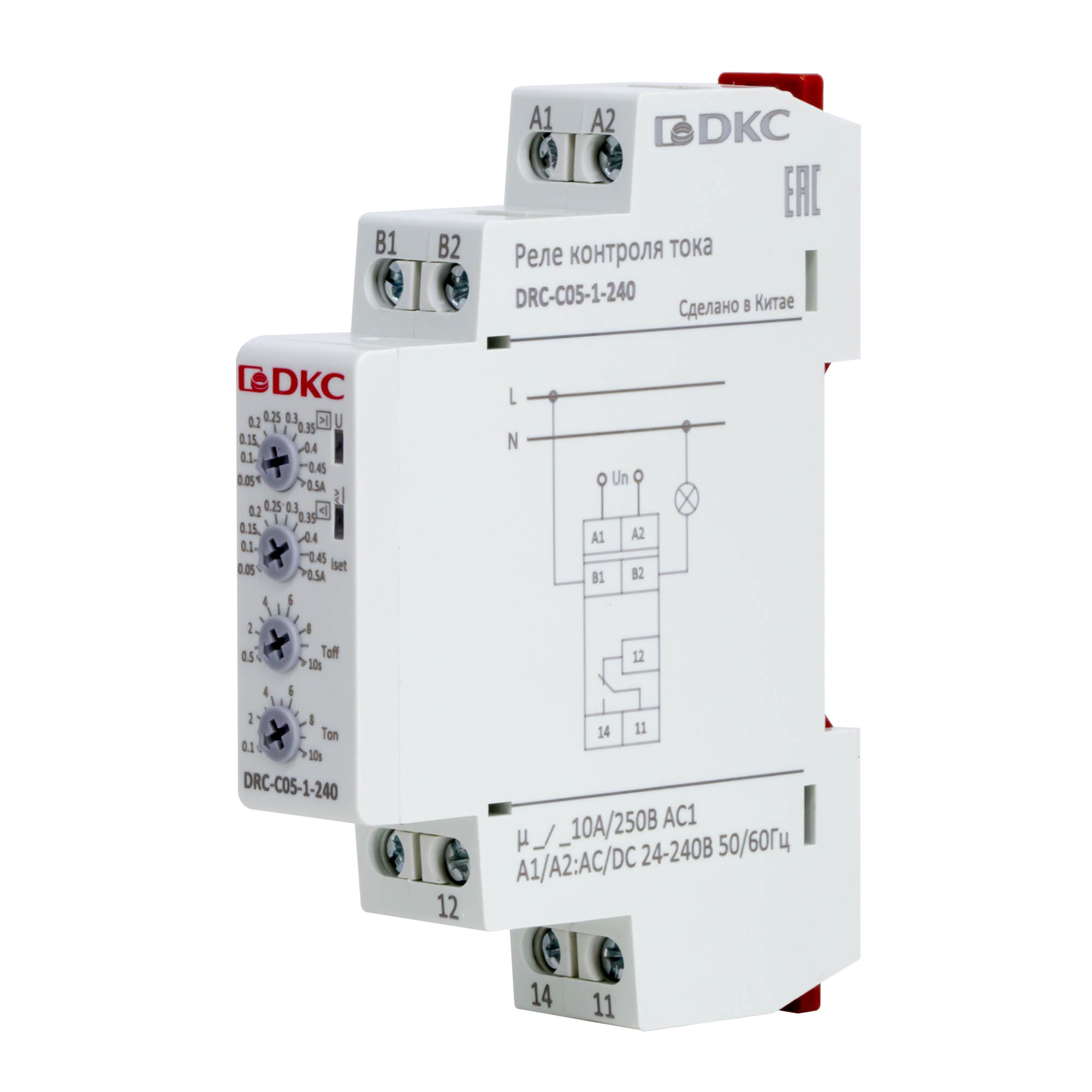 Реле контроля тока, тип DRC, 0.05-0.5А, конфигурация контакта 1CO, 24-240 AC/DC