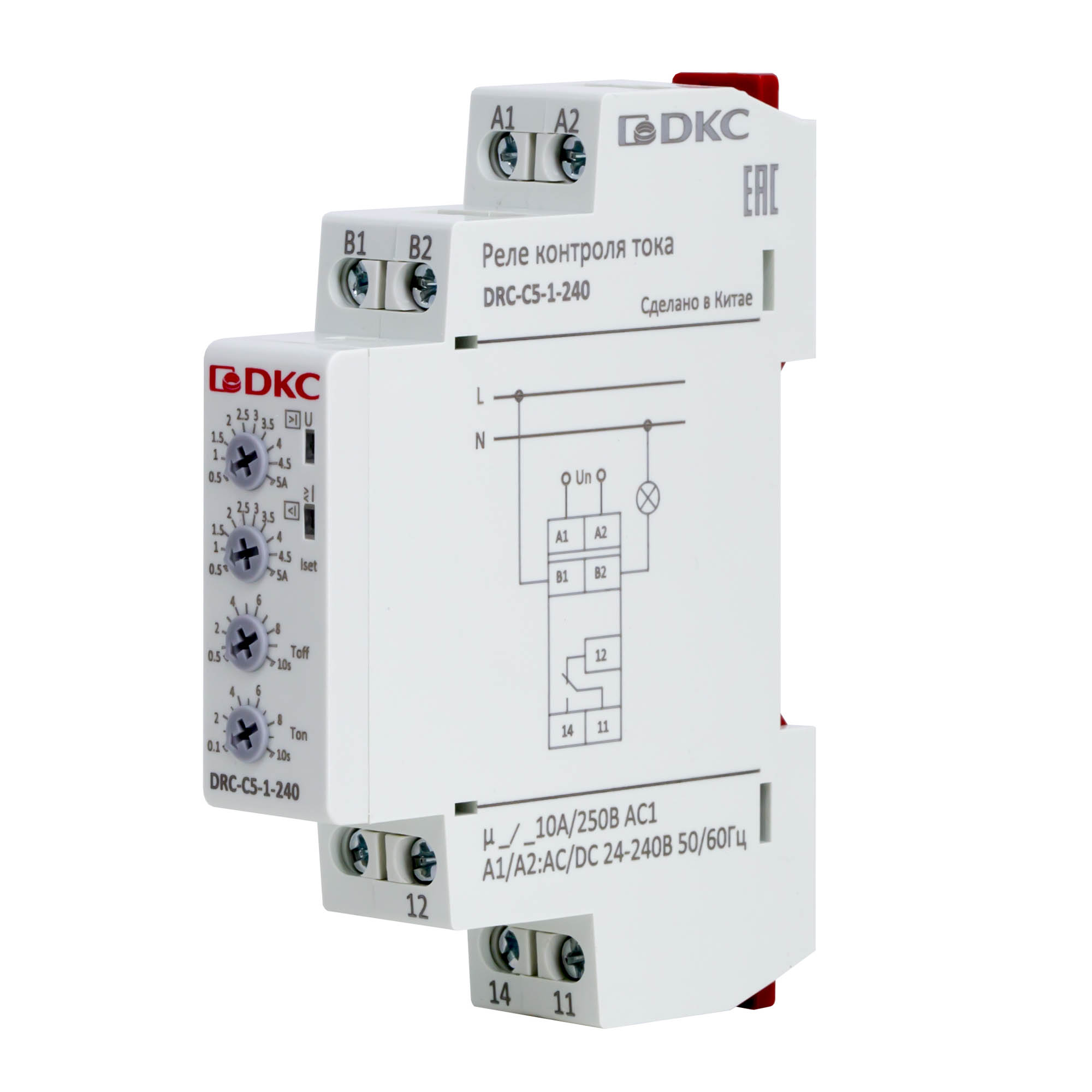 Реле контроля тока, тип DRC, 0.5-5А, конфигурация контакта 1CO, 24-240 AC/DC