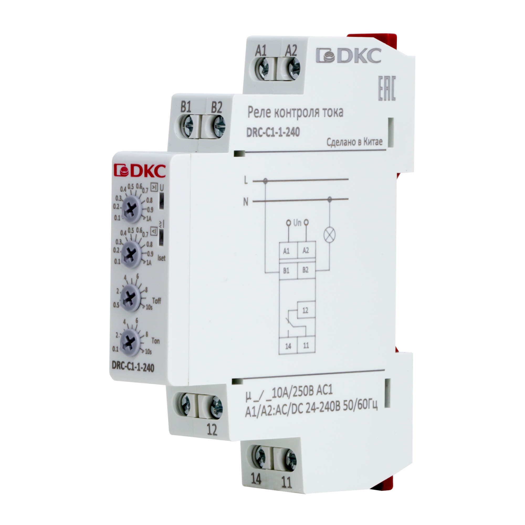 Реле контроля тока, тип DRC, 0.1-1А, конфигурация контакта 1CO, 24-240 AC/DC