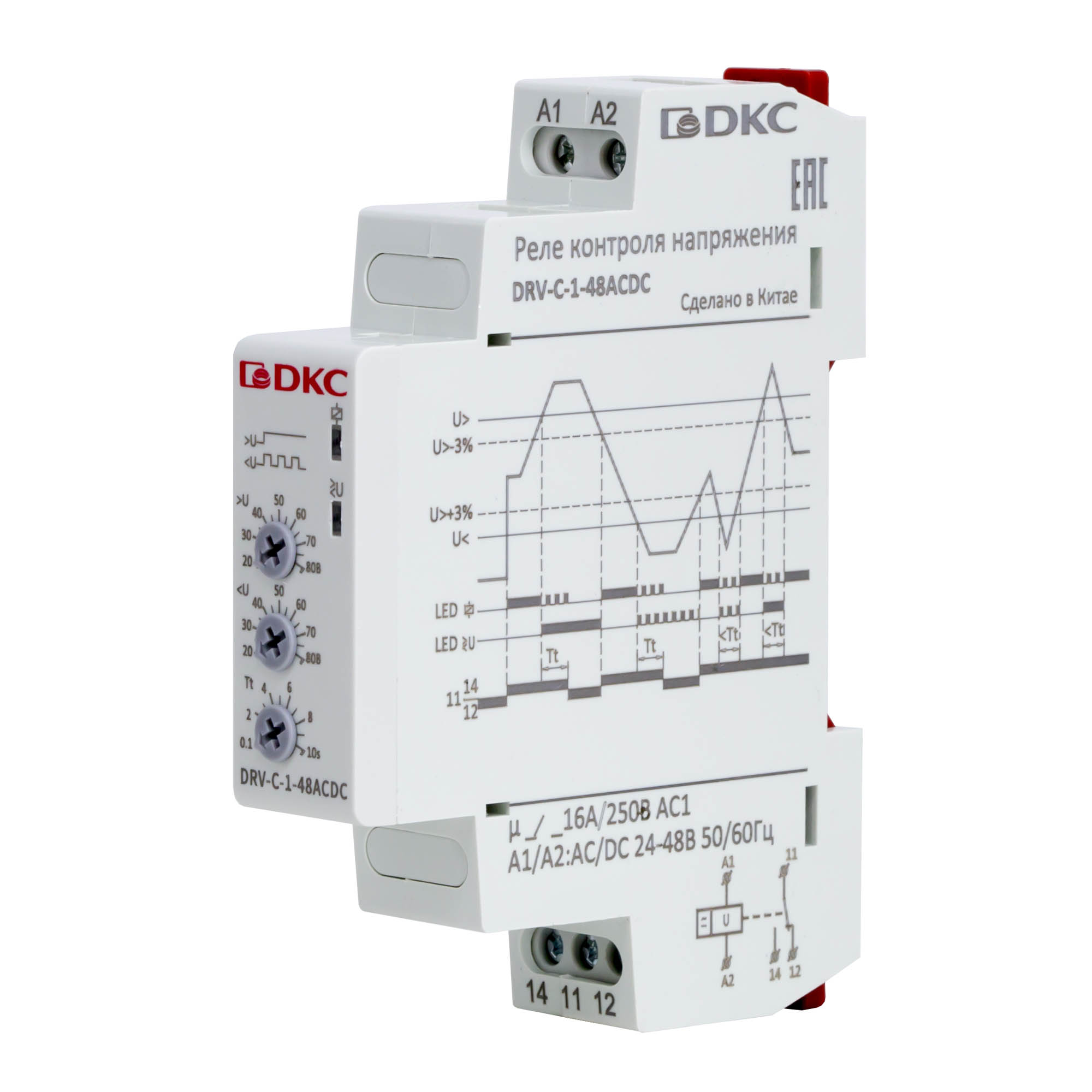 Реле контроля напряжения однофазное,  тип DRV, конфигурация контакта 1CO, 24-48В AC/DC