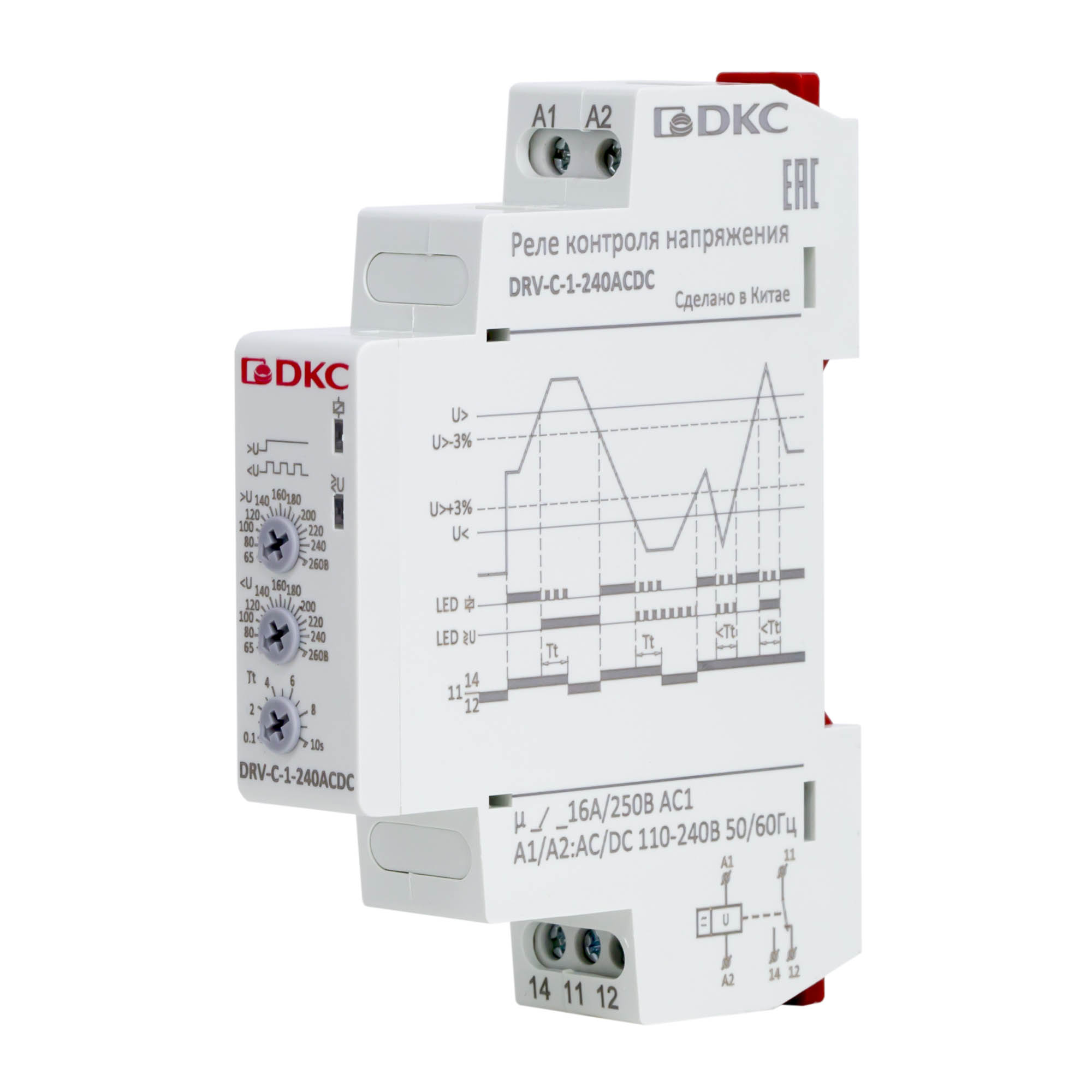 Реле контроля напряжения однофазное,  тип DRV, конфигурация контакта 1CO, 110-240В AC/DC