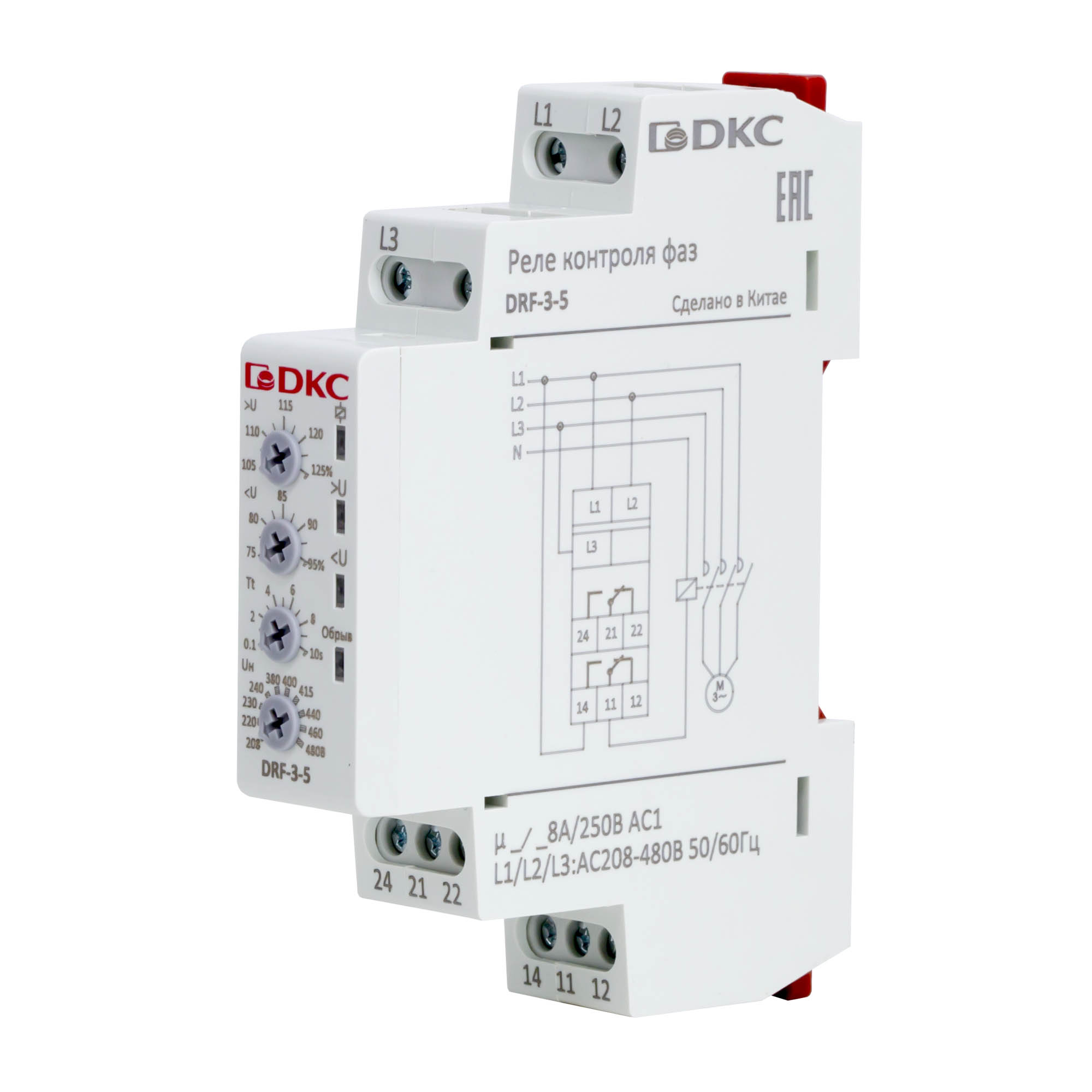 Реле контроля фаз, 3 фазы, тип DRF, контроль напряжения, контроль обрыва фаз, конфигурация контакта 2CO, 208-480В