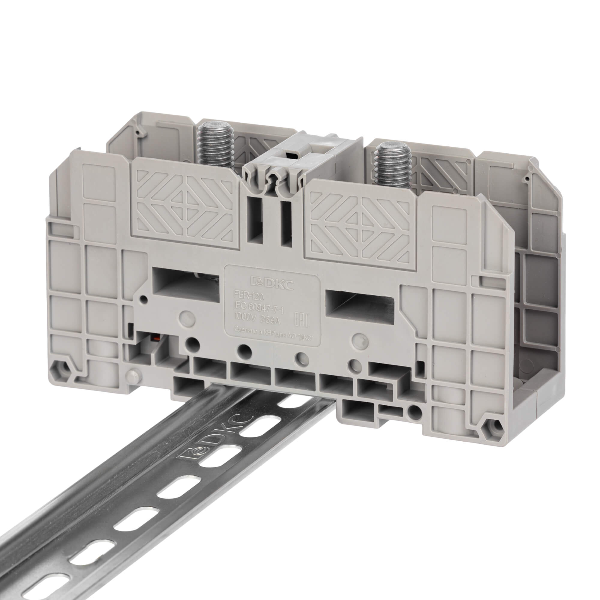 Клемма проходная, болтовой зажим, 2 точки подключения,  120 кв.мм, серая